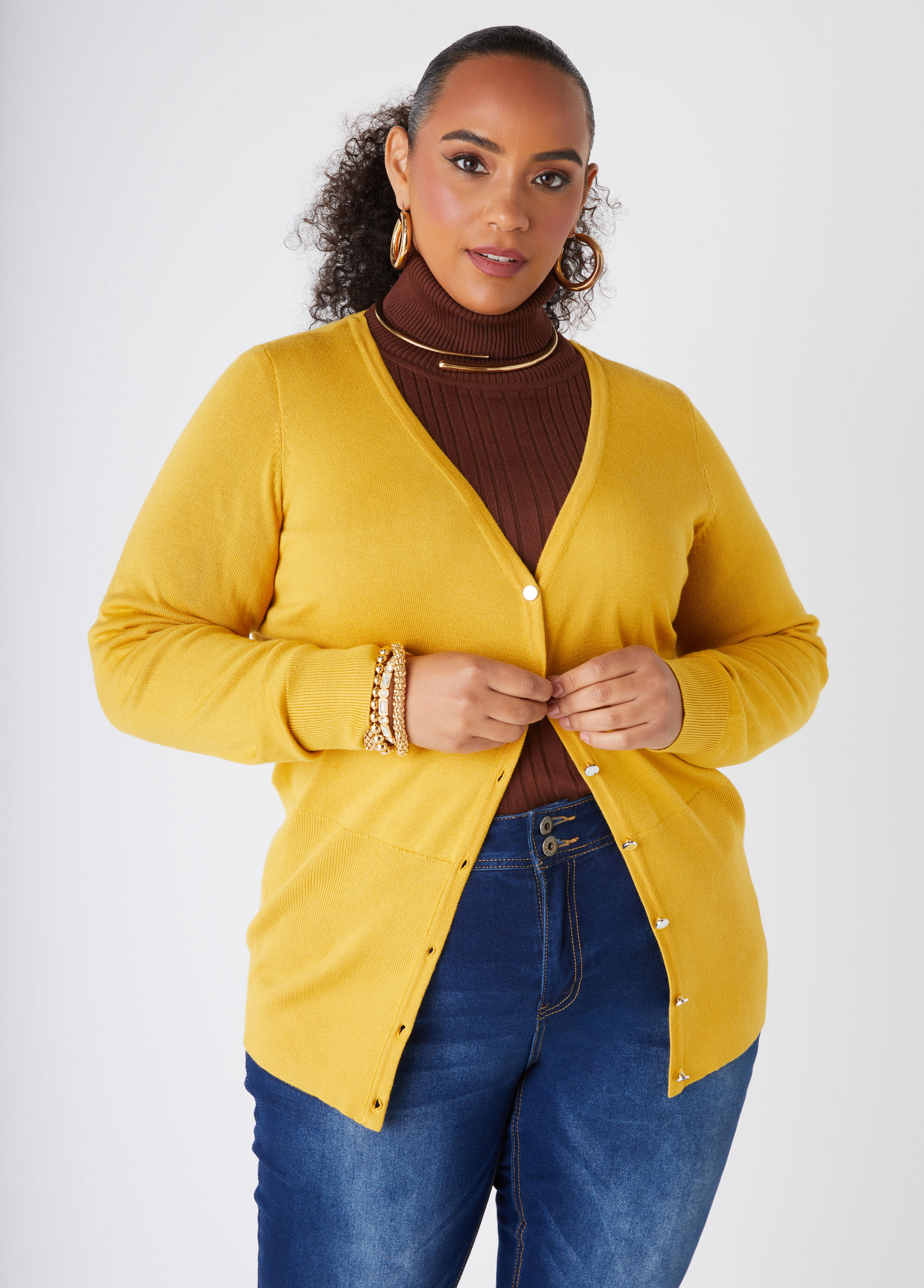 Plus Size Button Front Cardigan, YELLOW, 26/28 - Ashley Stewart