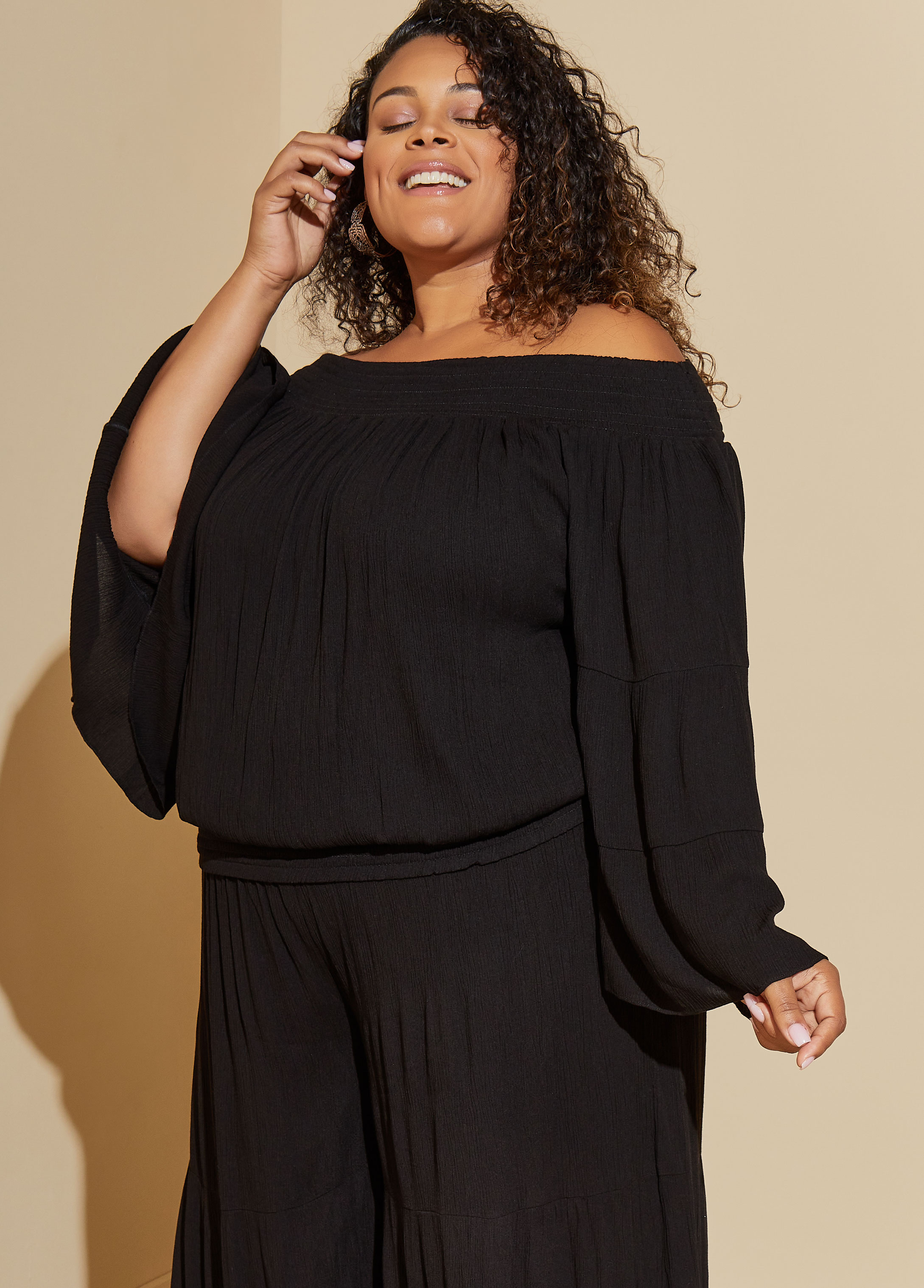 Plus Size Off The Shoulder Gauze Top, BLACK, 30/32 - Ashley Stewart