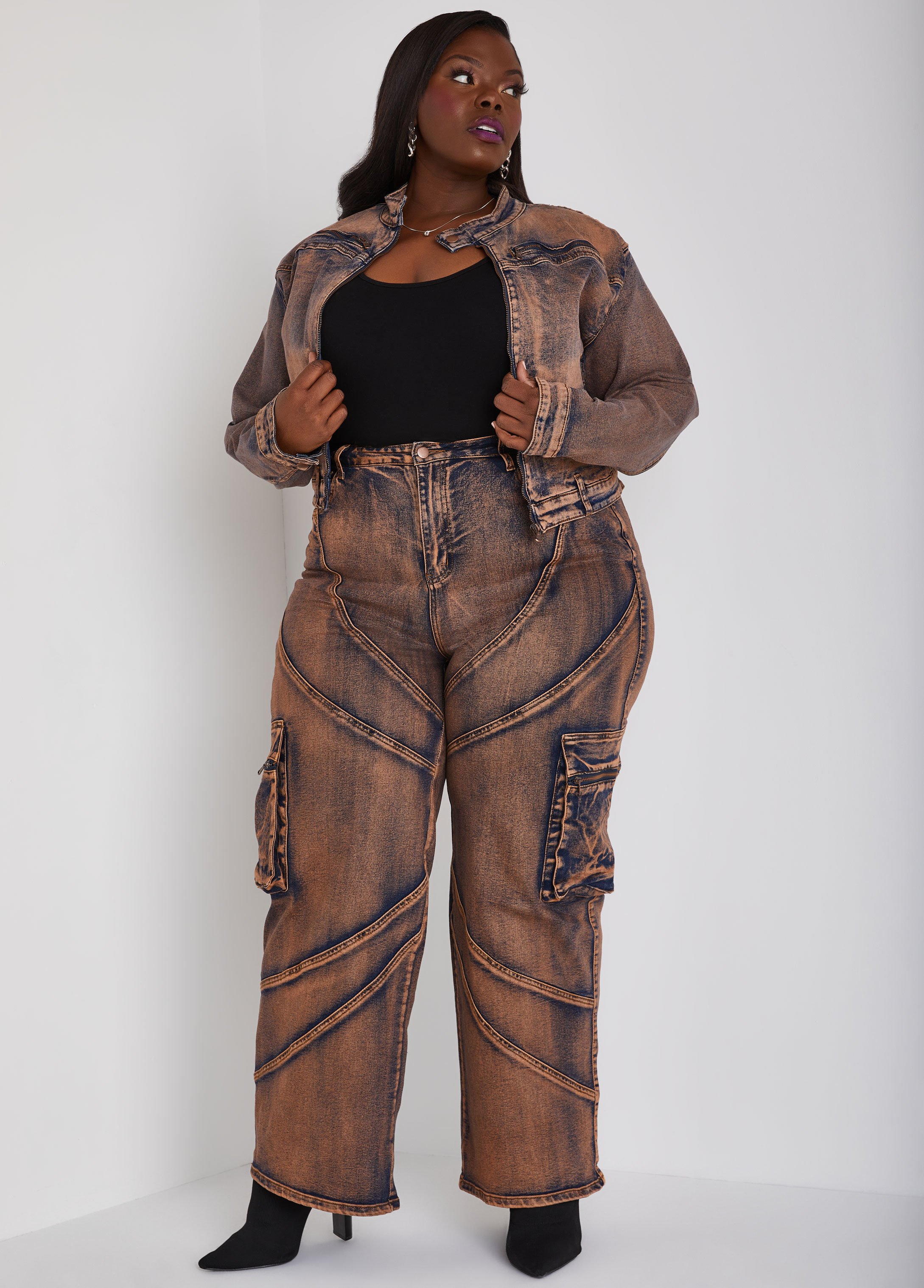 Plus Size High Rise Acid Wash Cargo Jeans, BROWN, 3X - Ashley Stewart