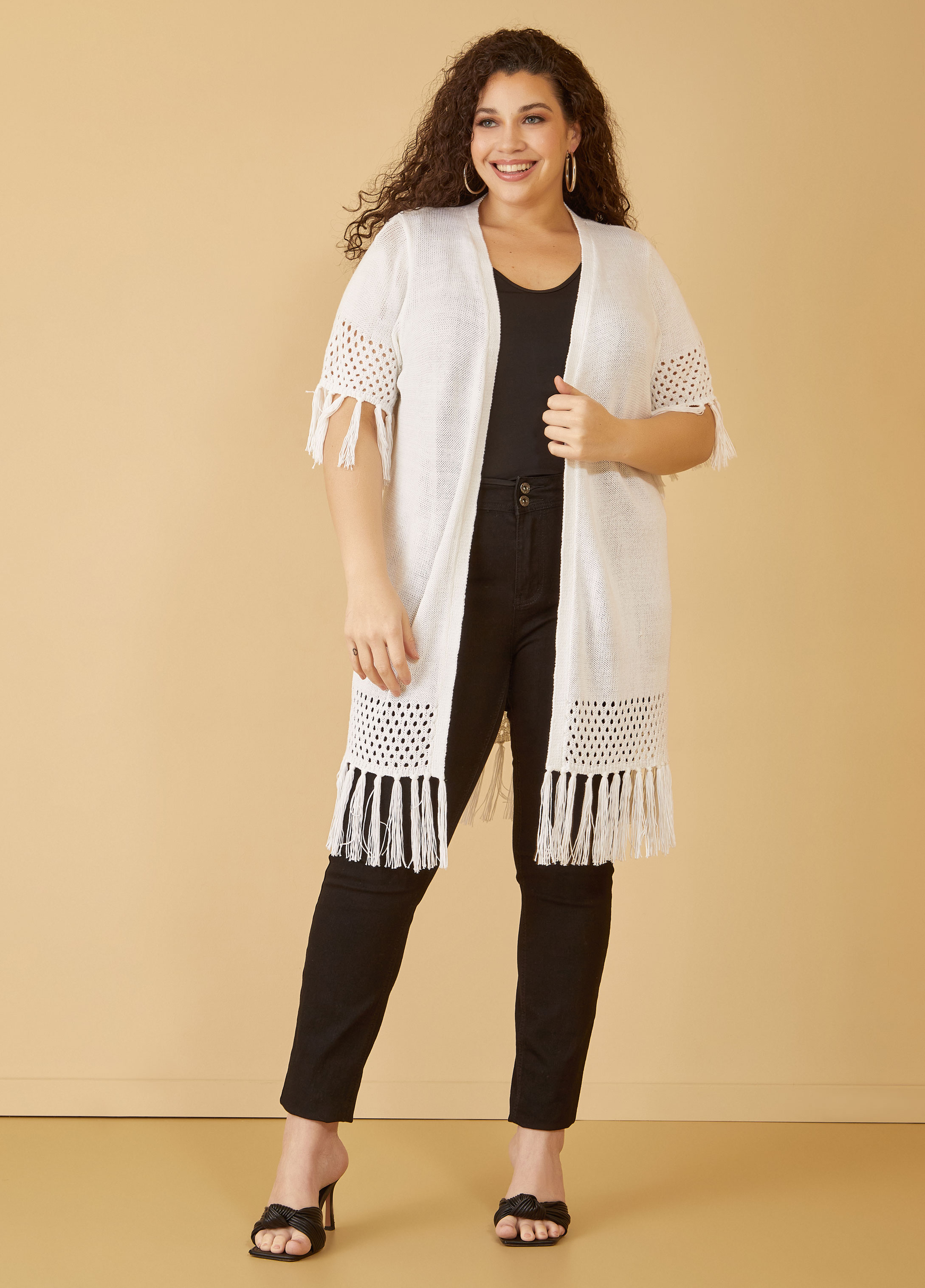 Plus Size Fringed Crocheted Cardigan, WHITE, 22/24 - Ashley Stewart