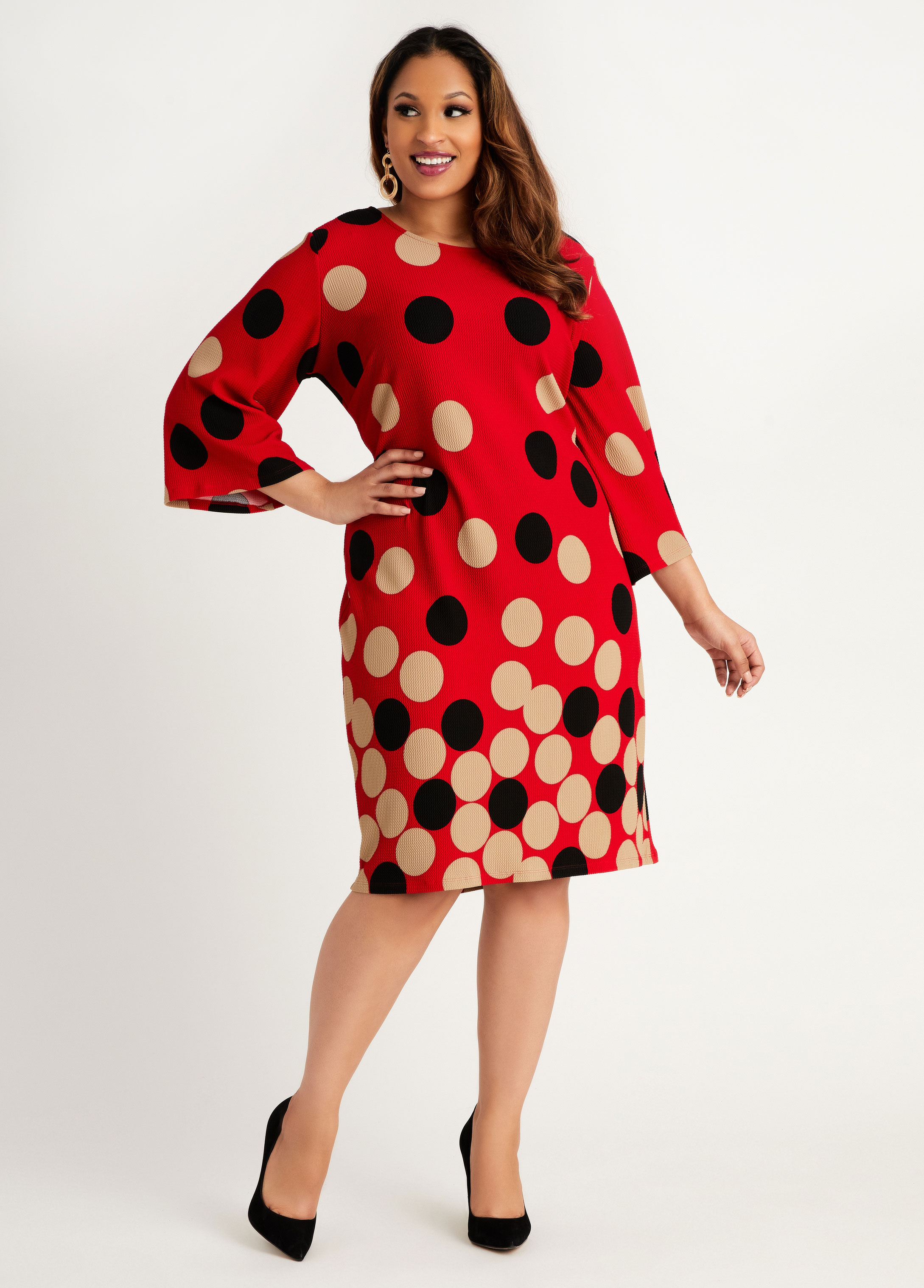 Plus Size Dot Colorblock Flare Sleeve Pique Knit Sexy Sheath Dress