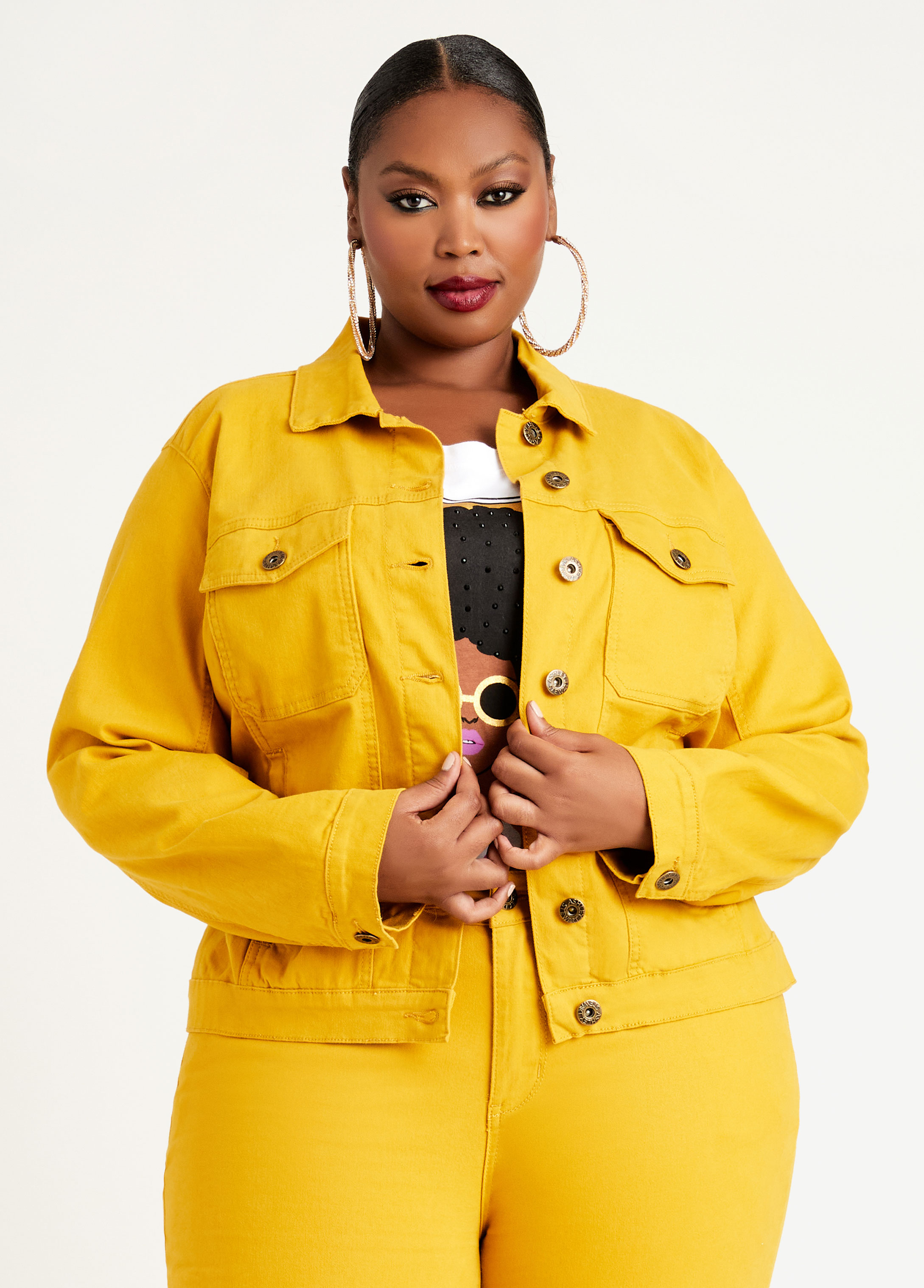 Yellow denim jacket store plus size