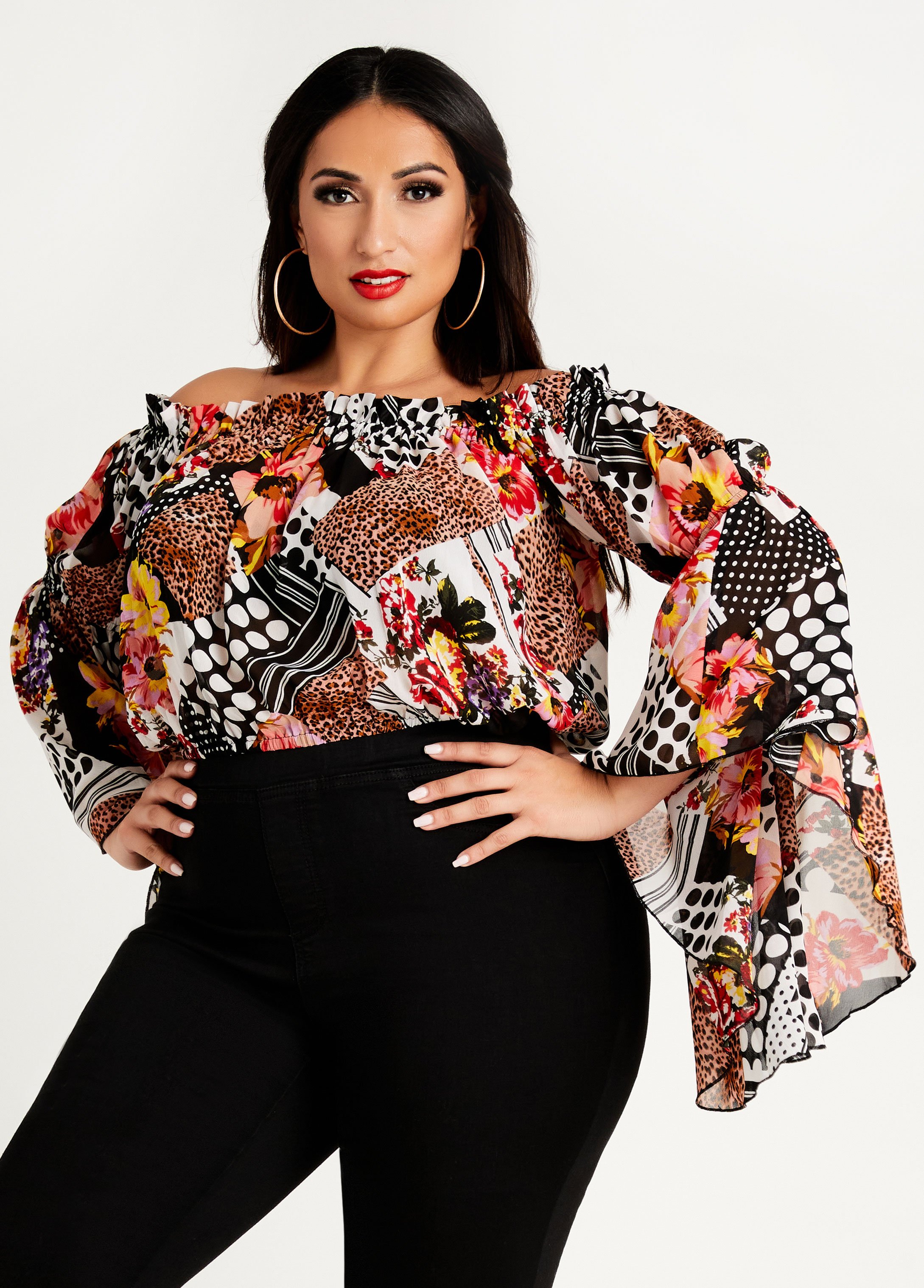 Plus Size Mixed Print Off The Shoulder Sexy Drama Flared Sleeve Top