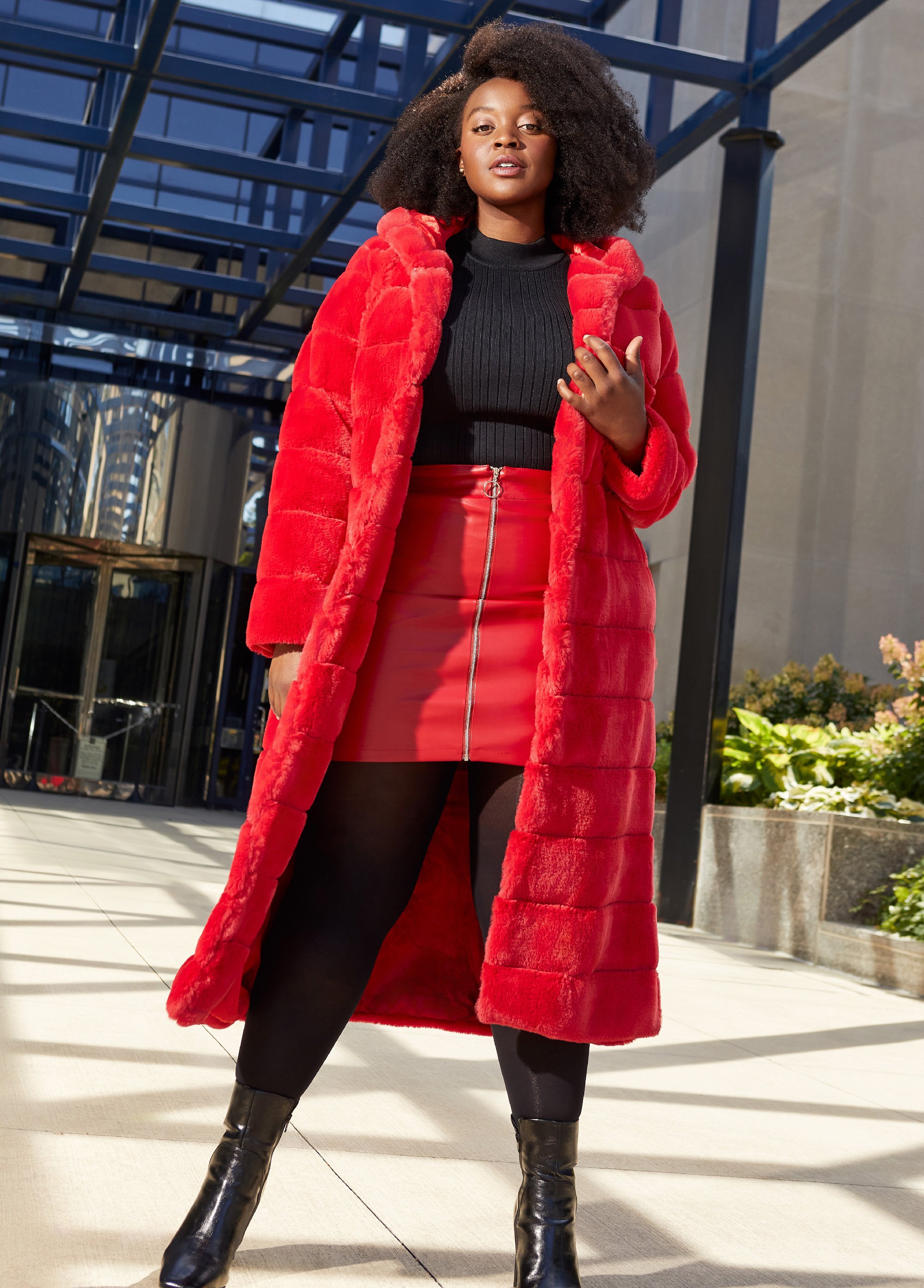 red faux fur coat with hood