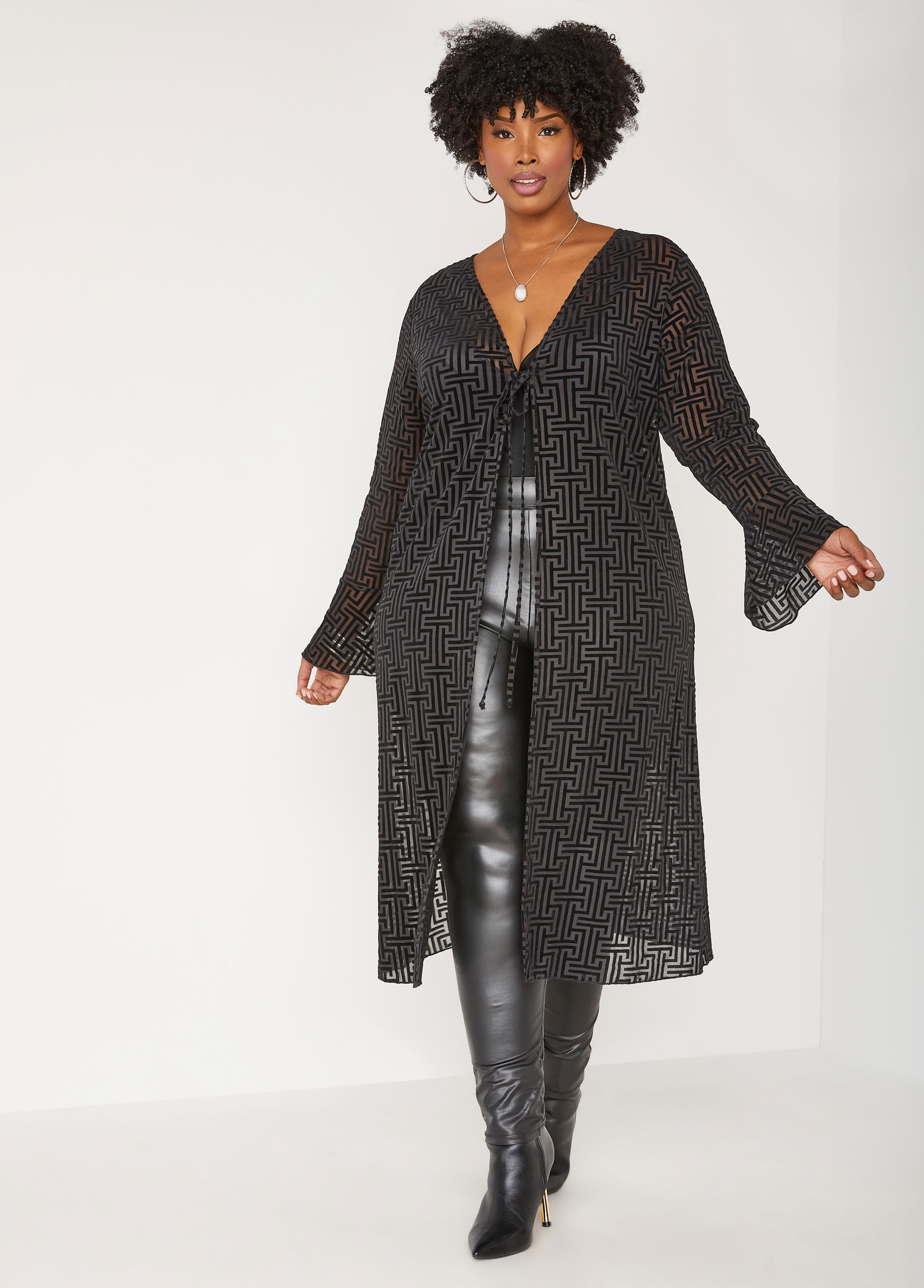 Plus Size Geo Flocked Mesh Duster, BLACK, 30/32 - Ashley Stewart