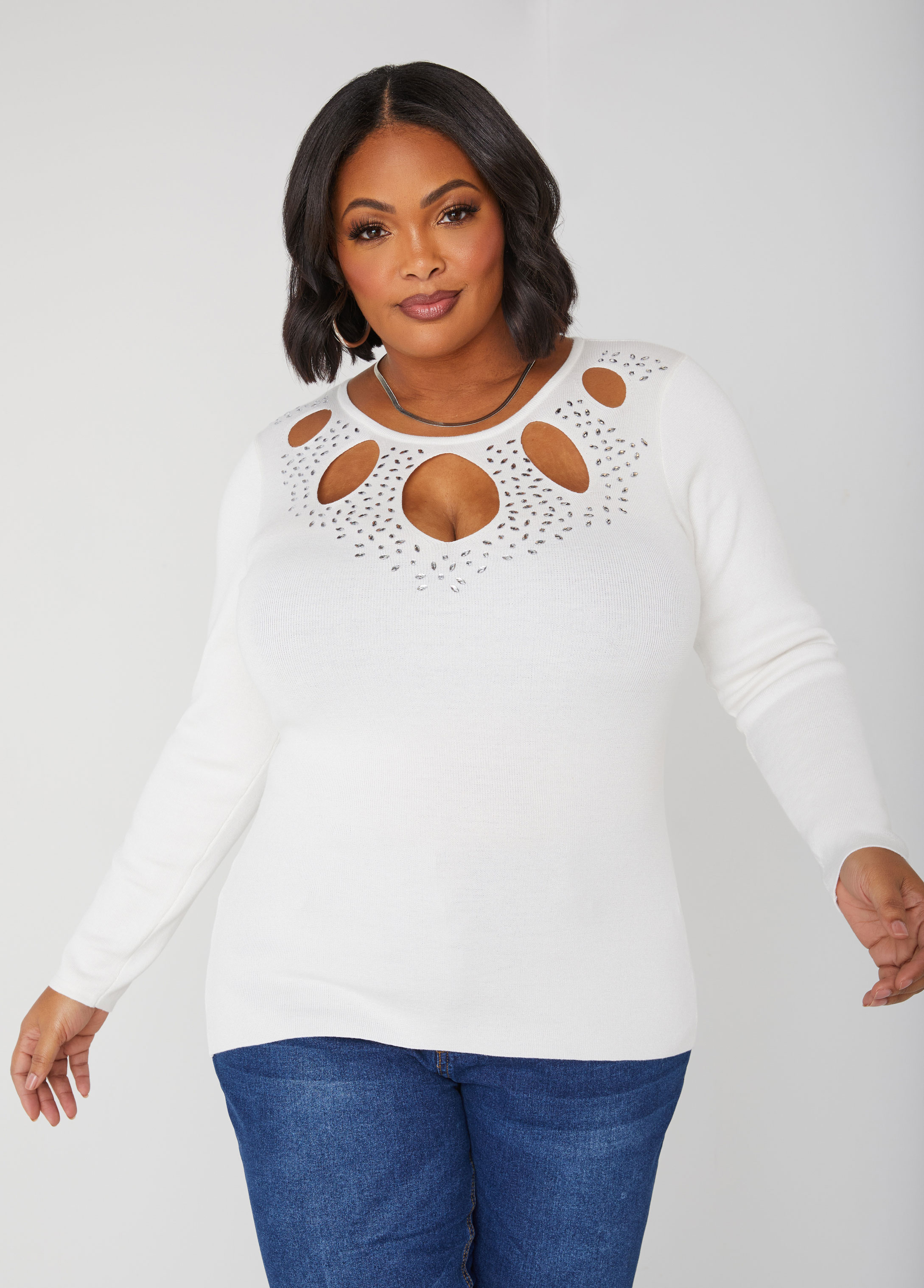 Plus Size Crystal Cutout Sweater, WHITE, 14/16 - Ashley Stewart