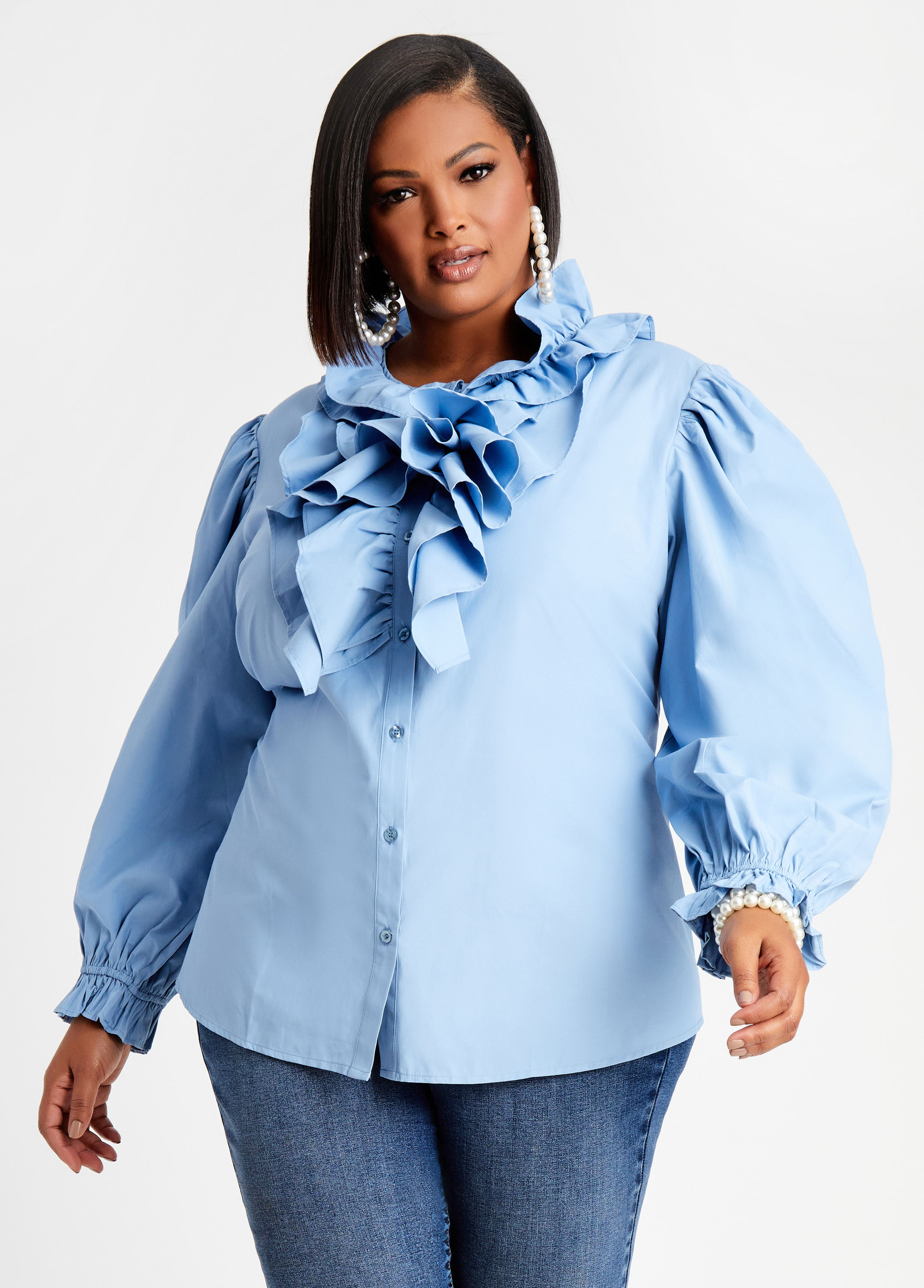 Plus Size Cotton Ruffle Collar Puff Sleeves Button Front Blouse Top