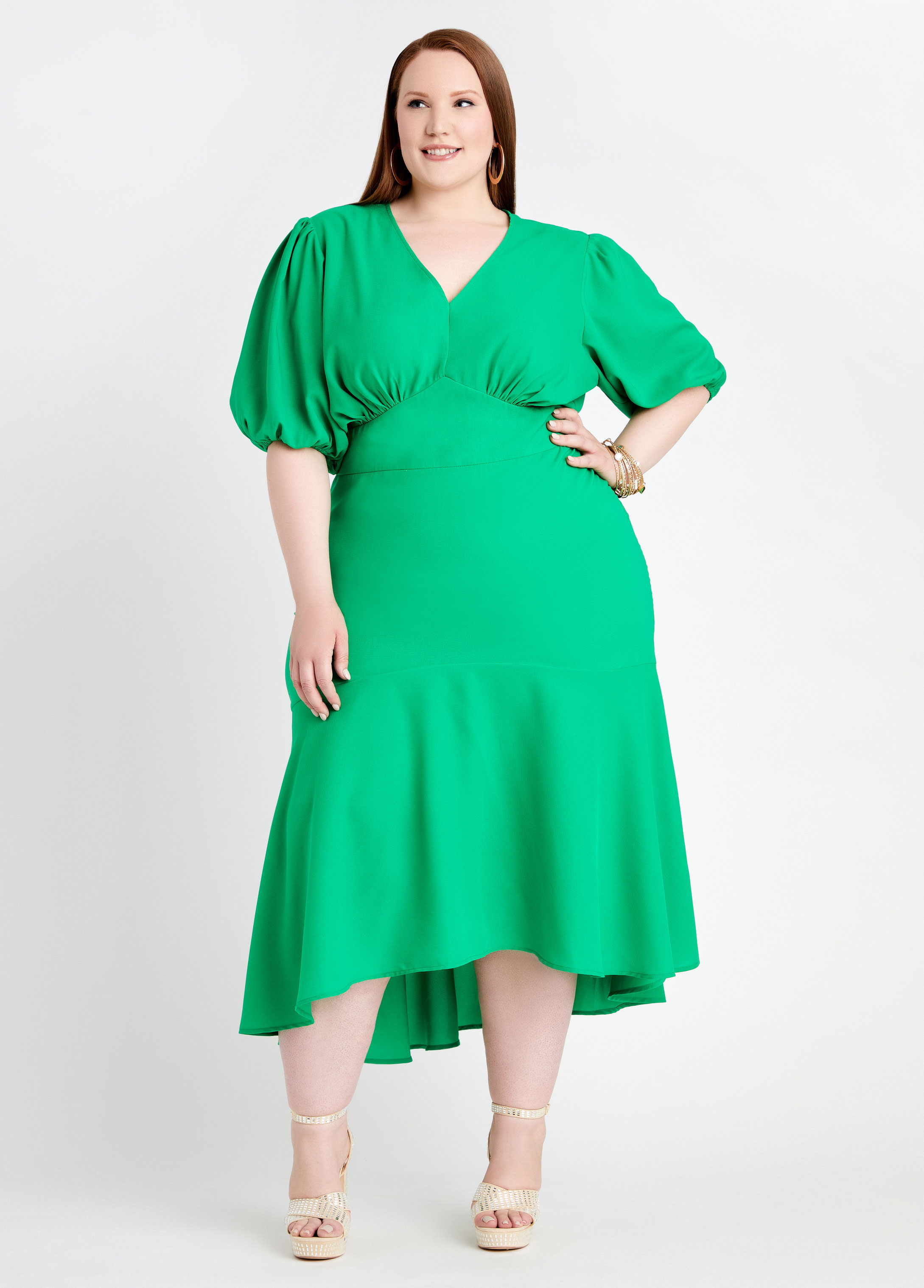 Plus Size Empire Waist V Neck Puff Sleeve Ruffle Hi Low Keyhole Dress