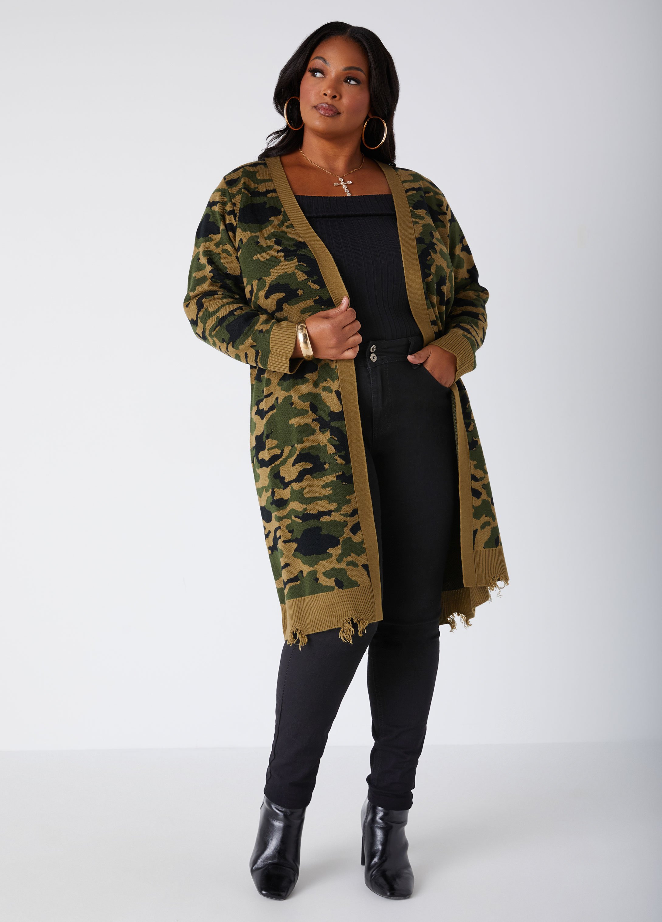 Plus Size Camo Open Front Cardigan, GREEN, 26/28 - Ashley Stewart