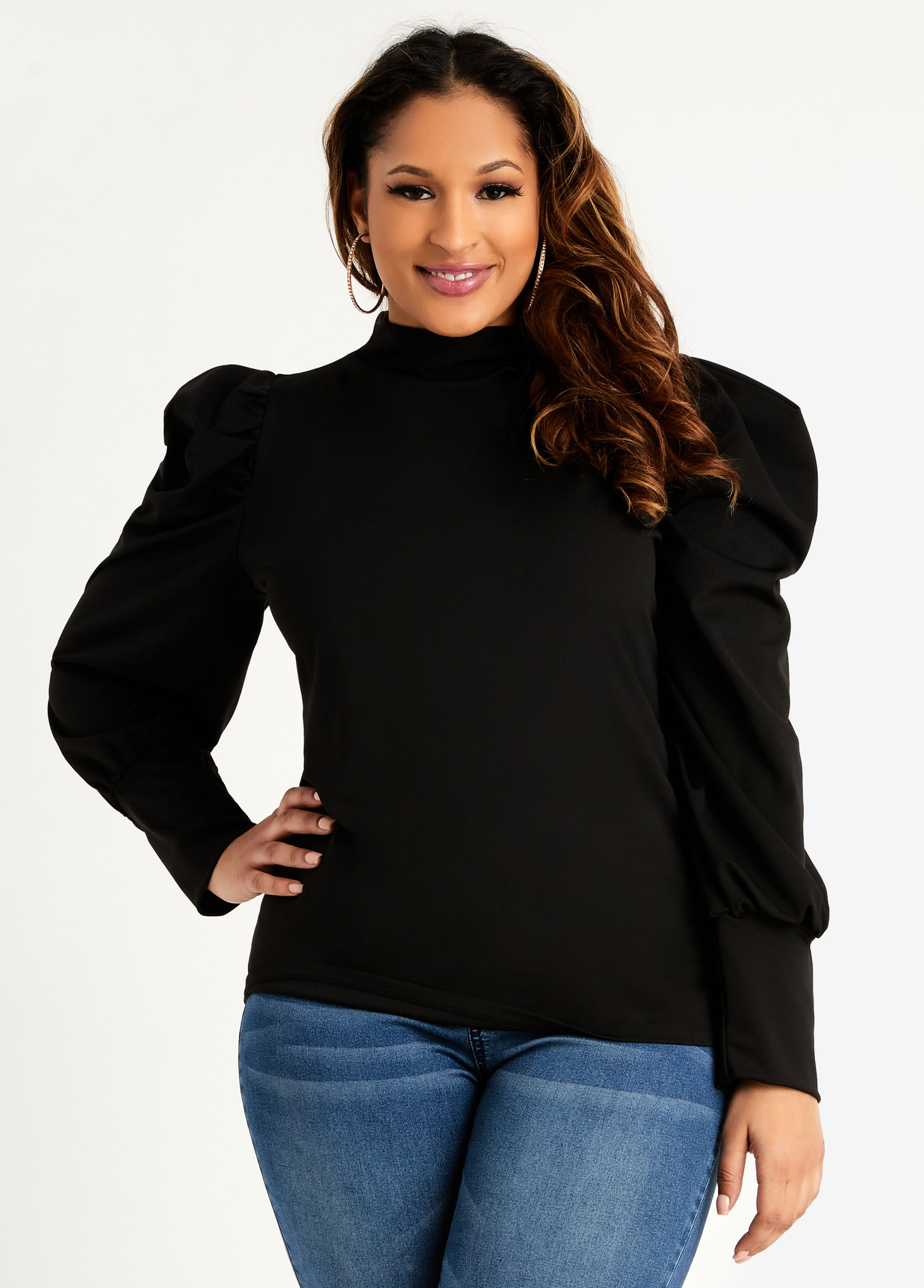 Plus Size Mock Neck Puff Sleeve Stretch Knit Fitted Zip Back Top