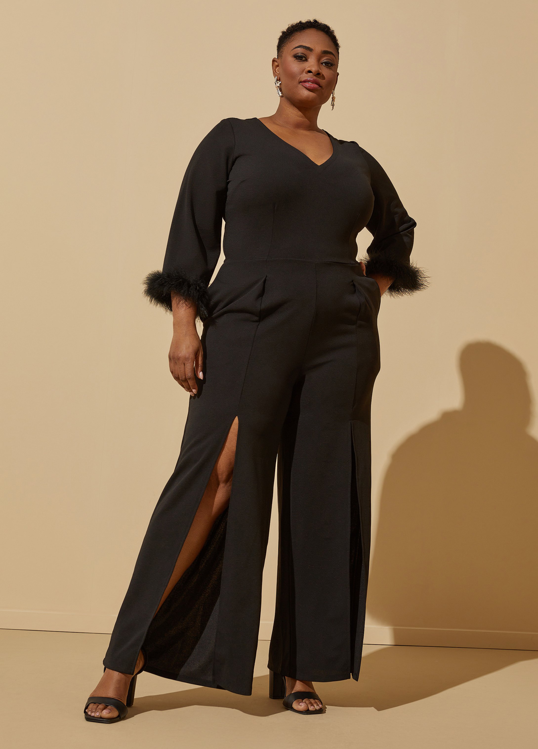 Plus Size Feather Trimmed Front Split Jumpsuit, BLACK, 22/24 - Ashley Stewart