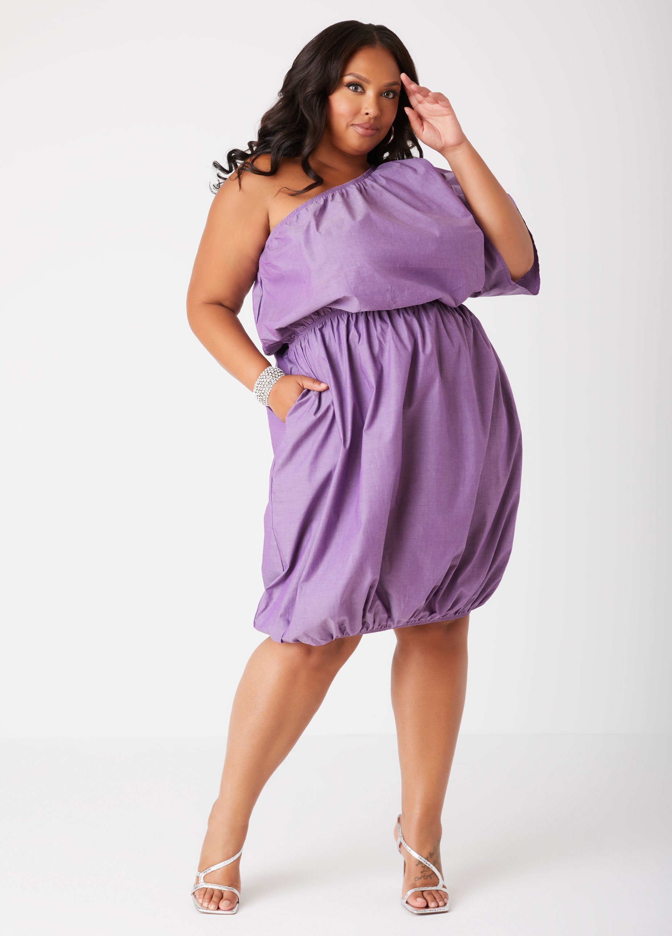 Plus Size One Shoulder Bubble Dress, PURPLE, 26/28 - Ashley Stewart