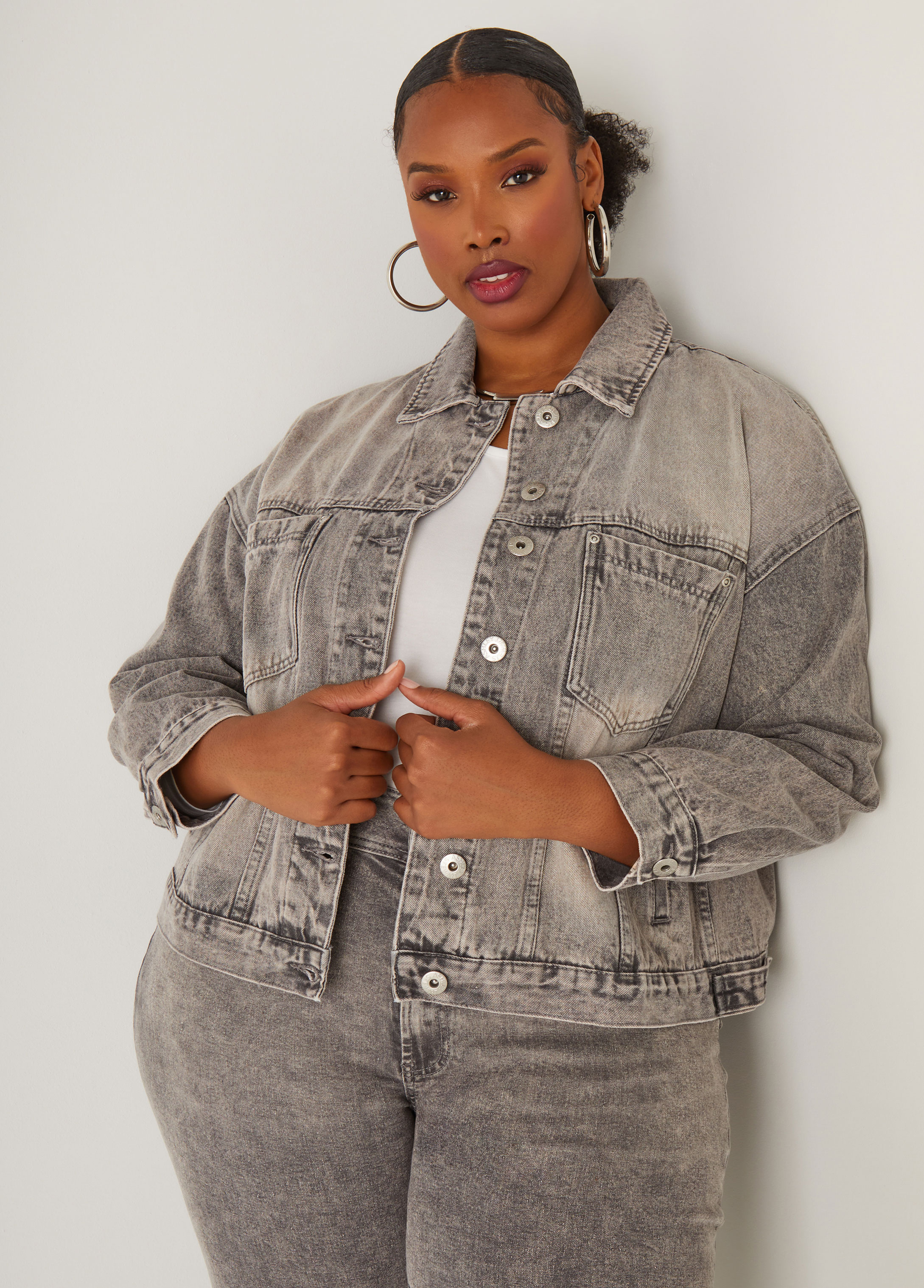 Plus Size Acid Wash Denim Swing Jacket, GREY, 34/36 - Ashley Stewart