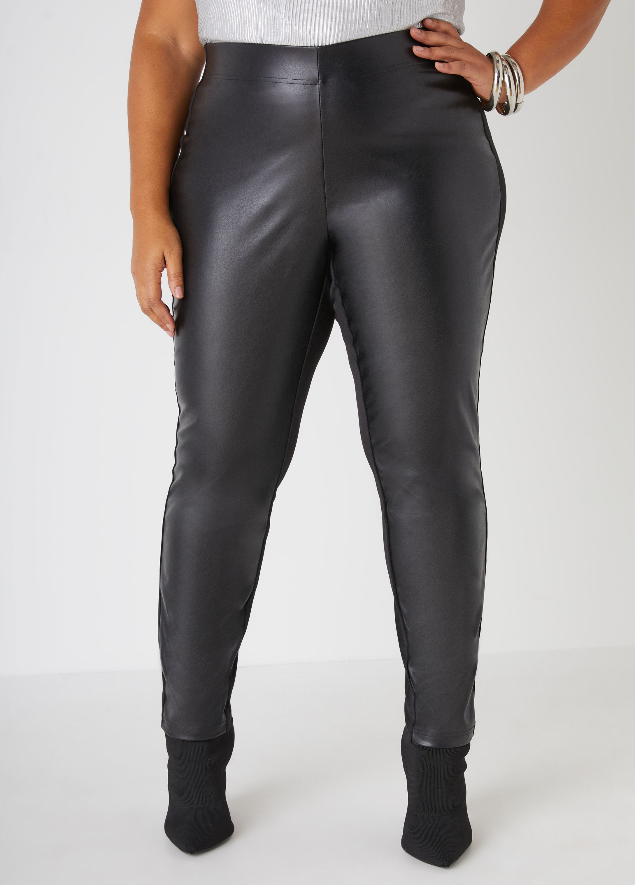 Plus Size Ponte And Faux Leather Leggings, BLACK, 22/24 - Ashley Stewart