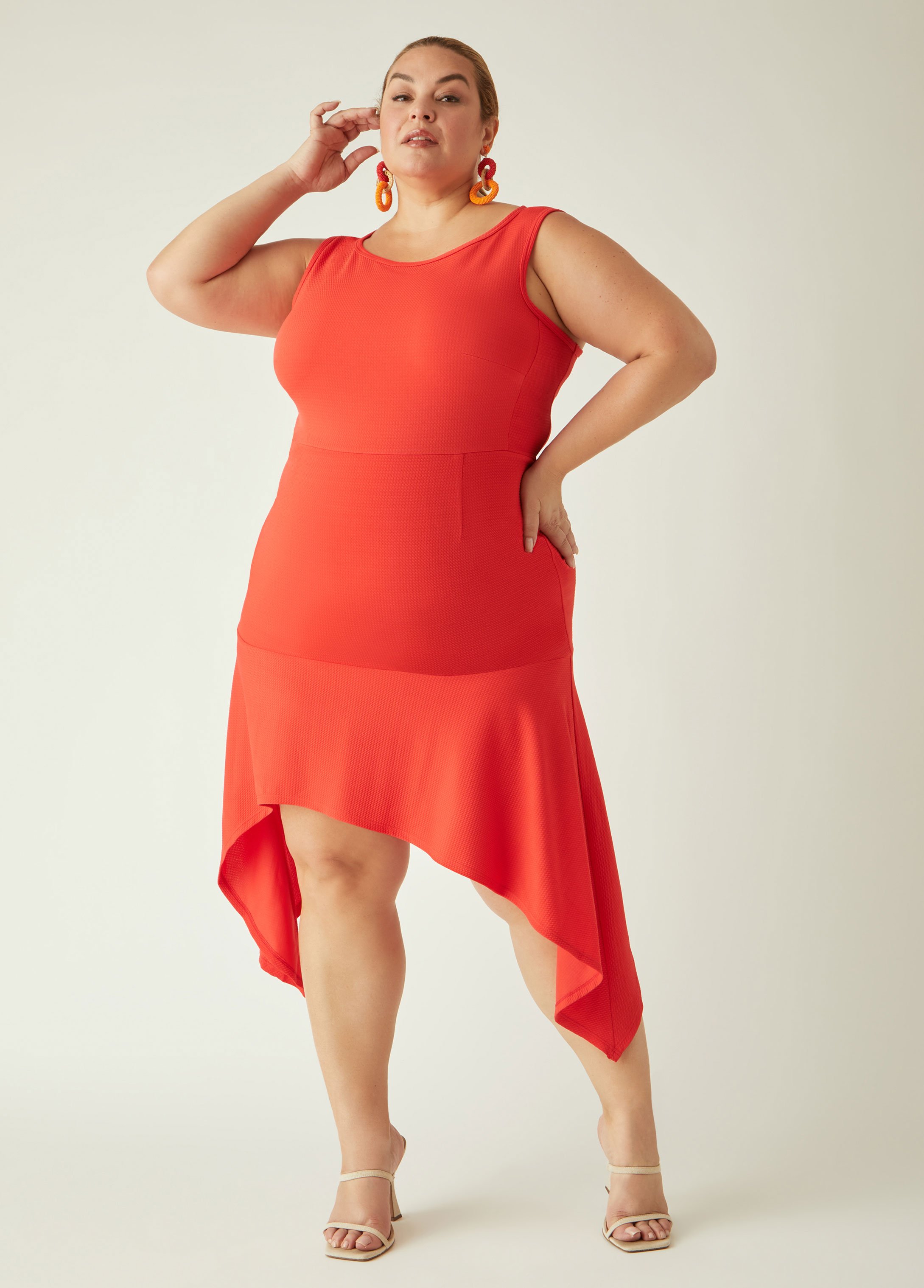 Plus Size Asymmetric Flounced Sheath Dress, ORANGE, 26/28 - Ashley Stewart