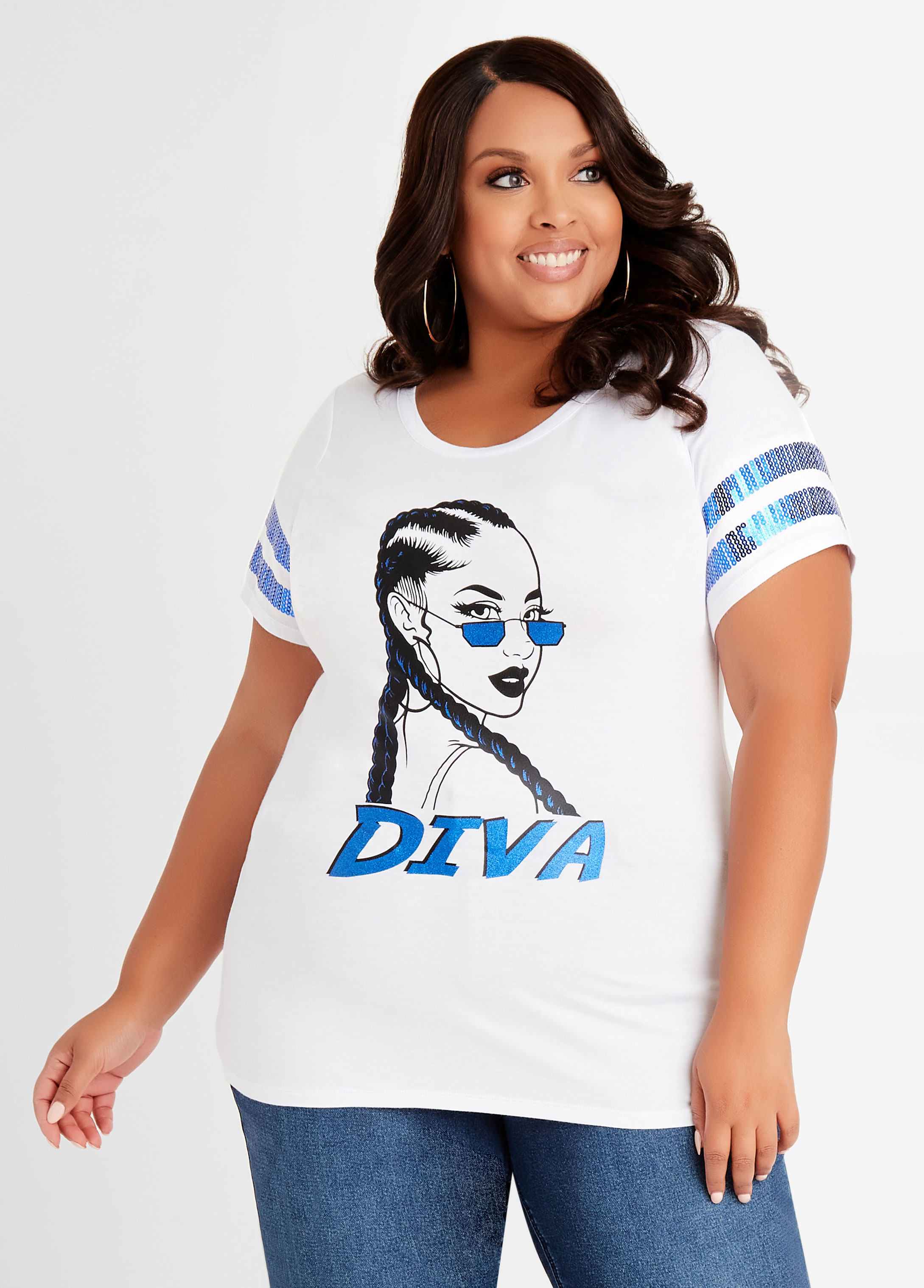 Plus Size Cute White Graphic Tees Sequin Diva Braided Beauty T Shirts