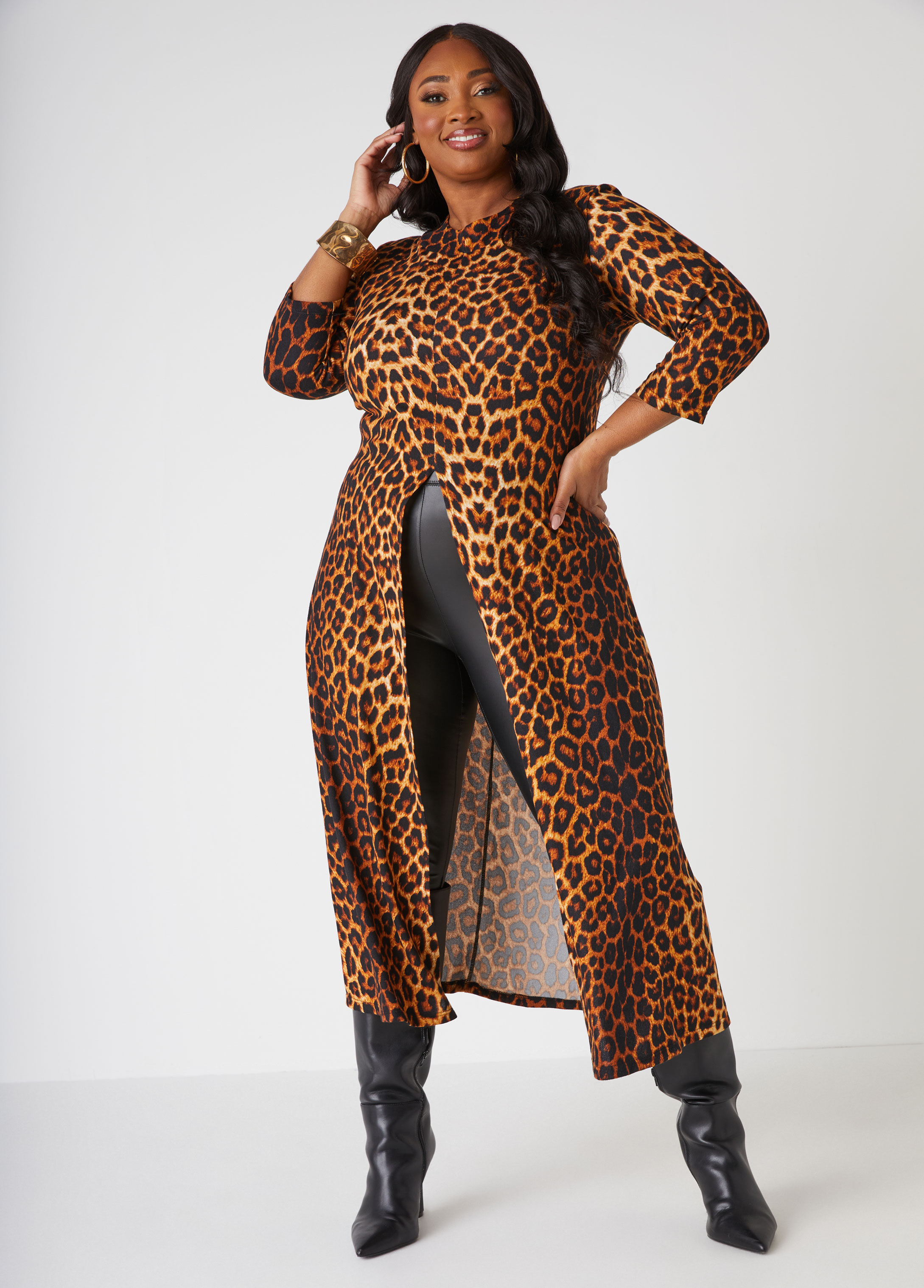 Plus Size Leopard Print Split Front Duster, BROWN, 22/24 - Ashley Stewart