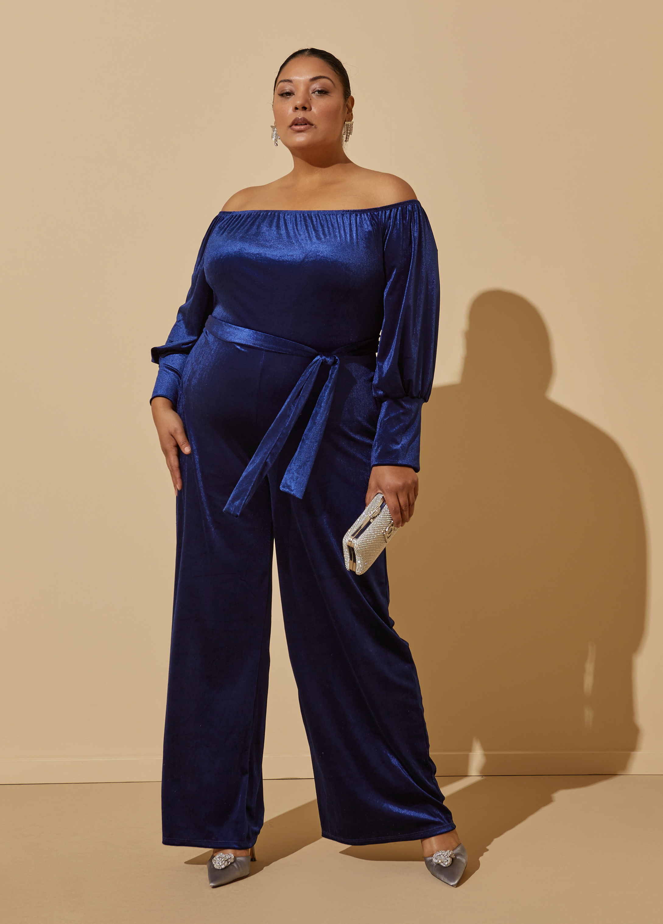 Plus Size Off The Shoulder Velvet Jumpsuit, BLUE, 34/36 - Ashley Stewart