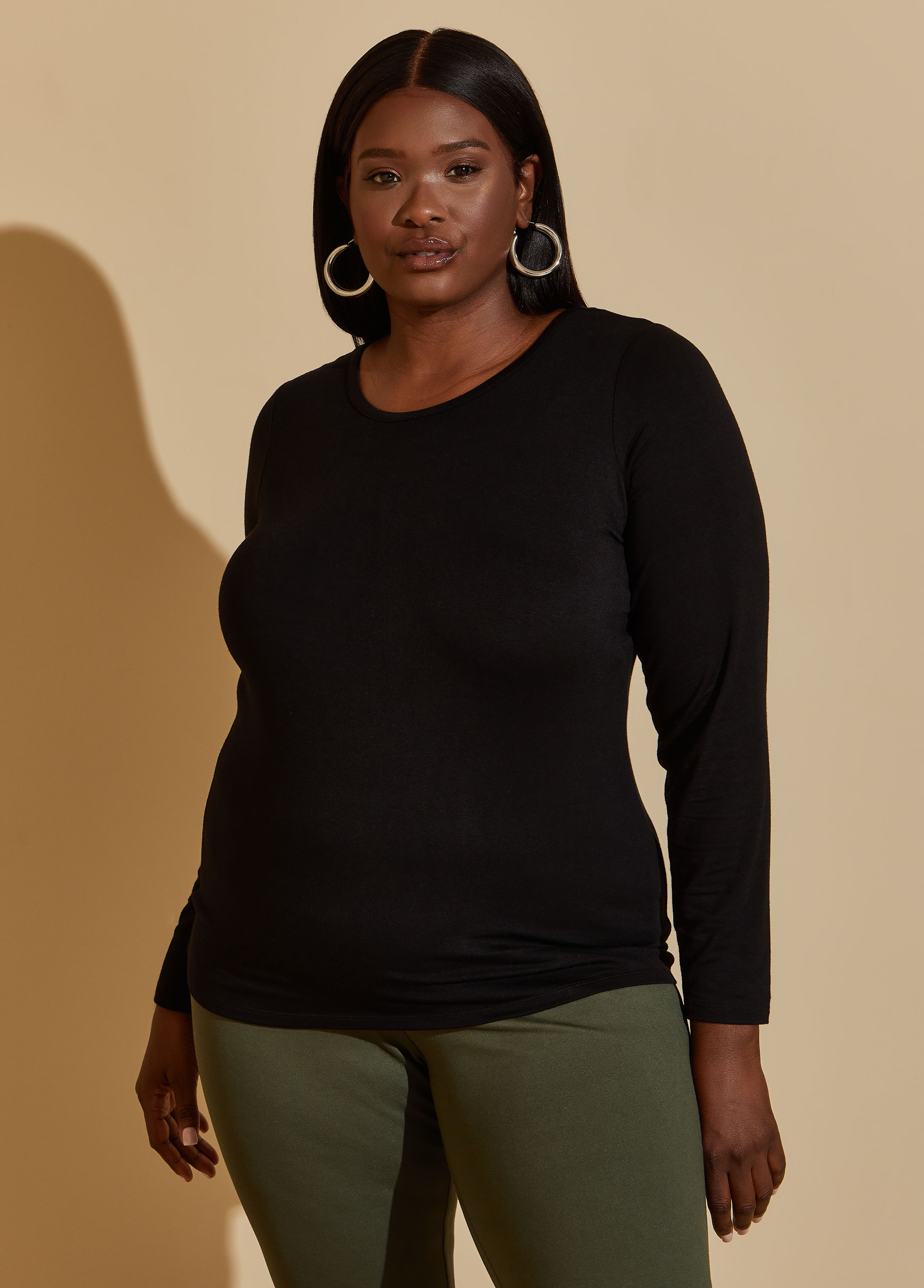 plusS Plus Size Black Full Sleeve Longline Cotton T-shirt –