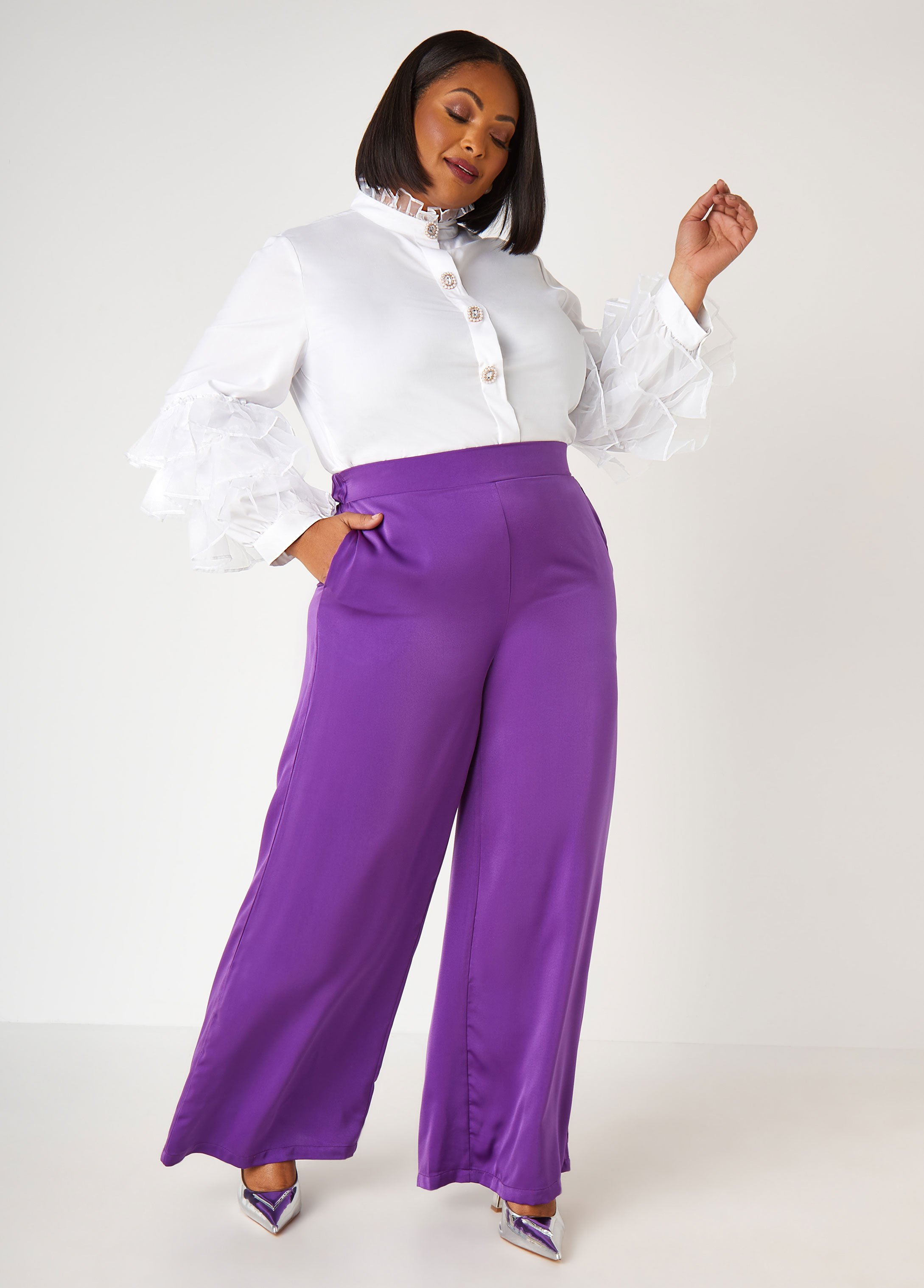 Plus Size Ruffled Embellished Poplin Shirt, WHITE, 28 - Ashley Stewart