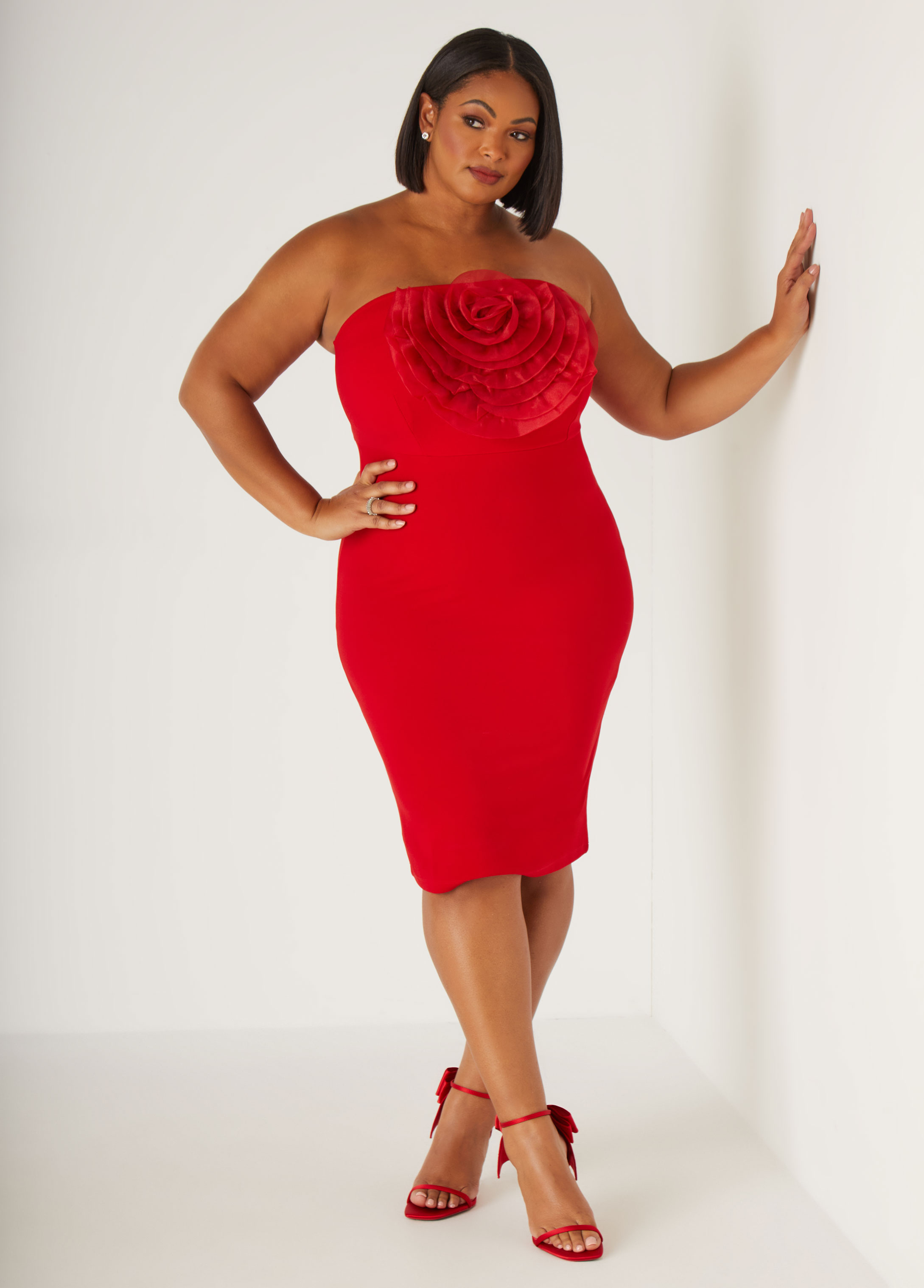 Plus Size Strapless Rosette Bodycon Dress, , 18/20 - Ashley Stewart