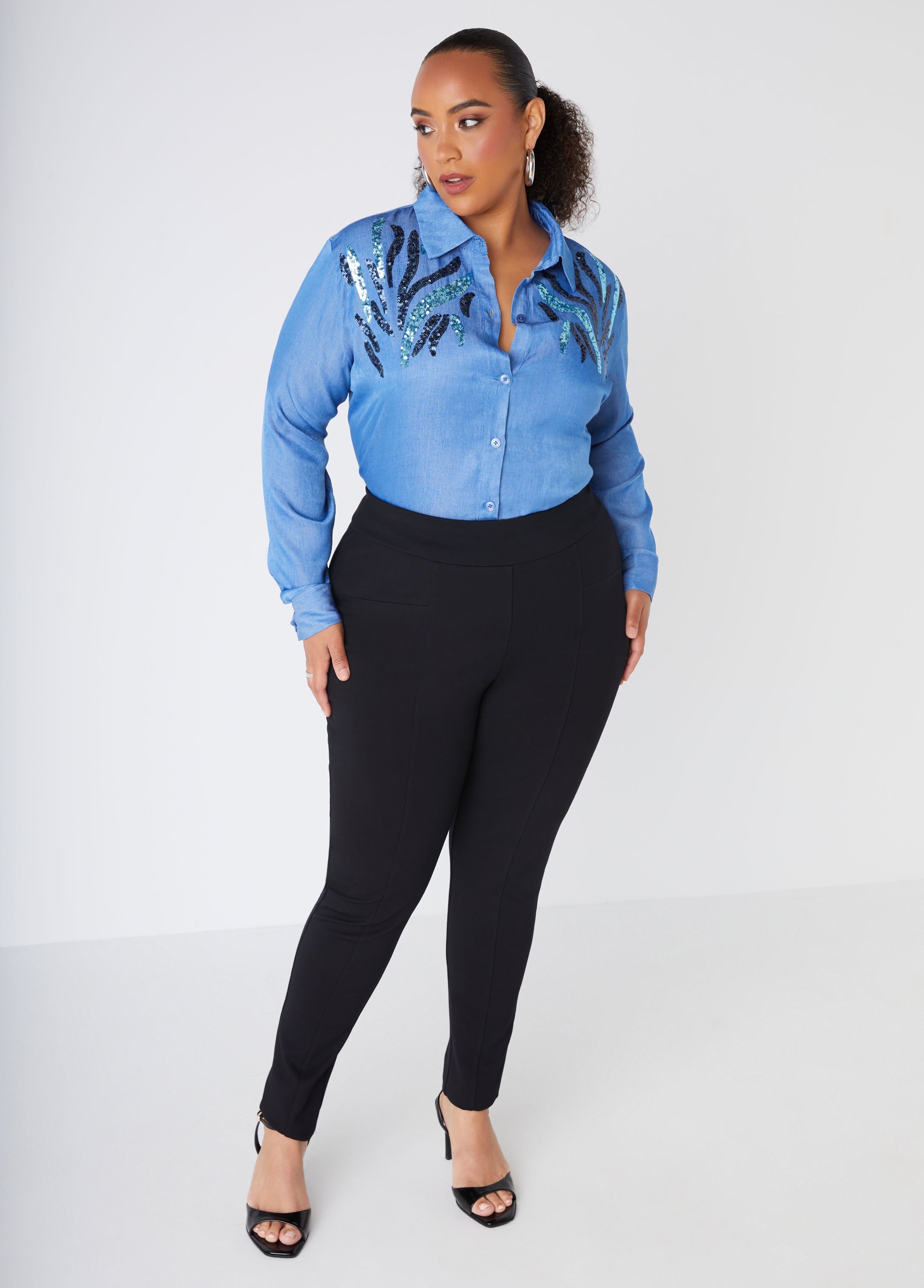 Plus Size Sequined Chambray Shirt, BLUE, 26 - Ashley Stewart