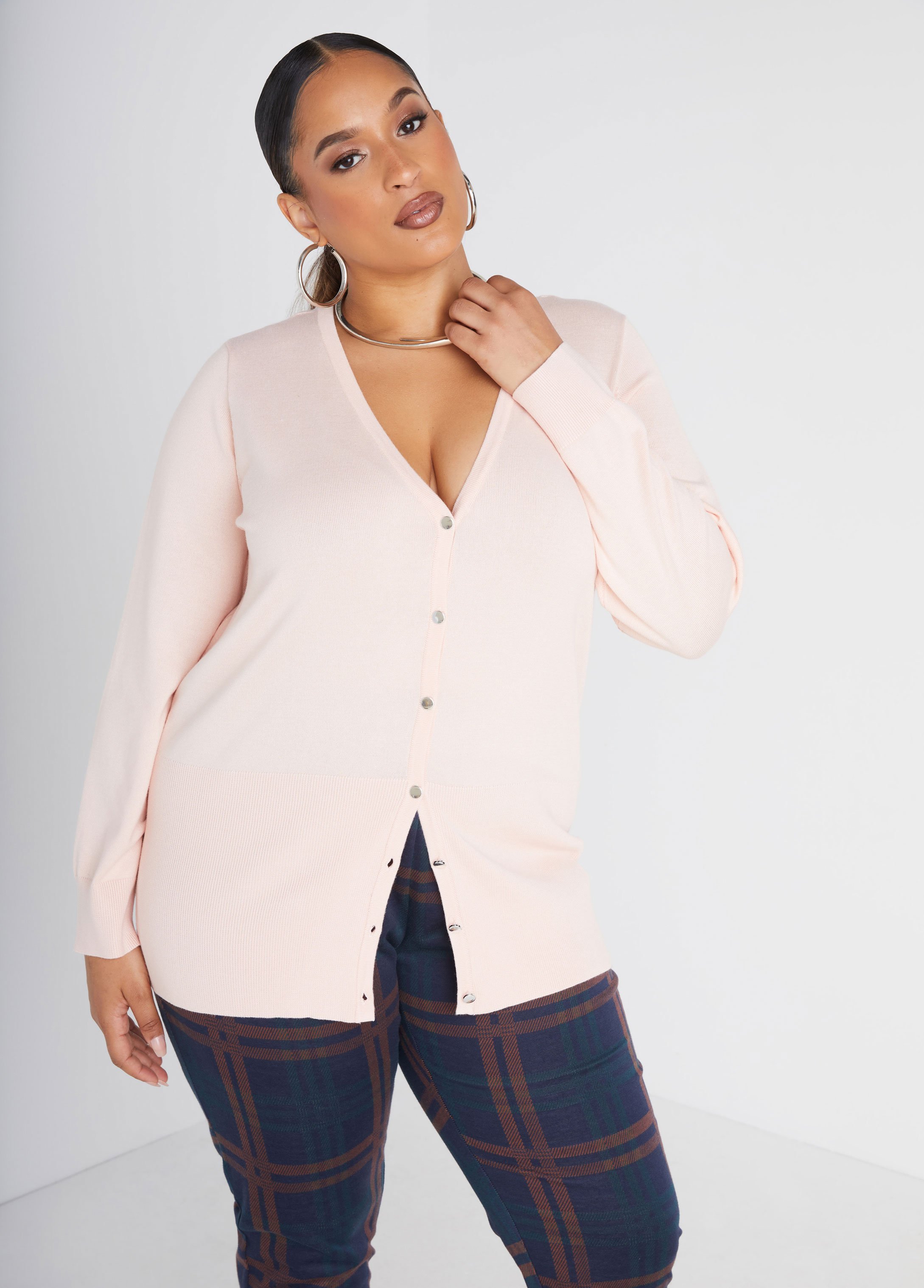 Plus Size Buttoned Front V Neck Cardigan, , 26/28 - Ashley Stewart