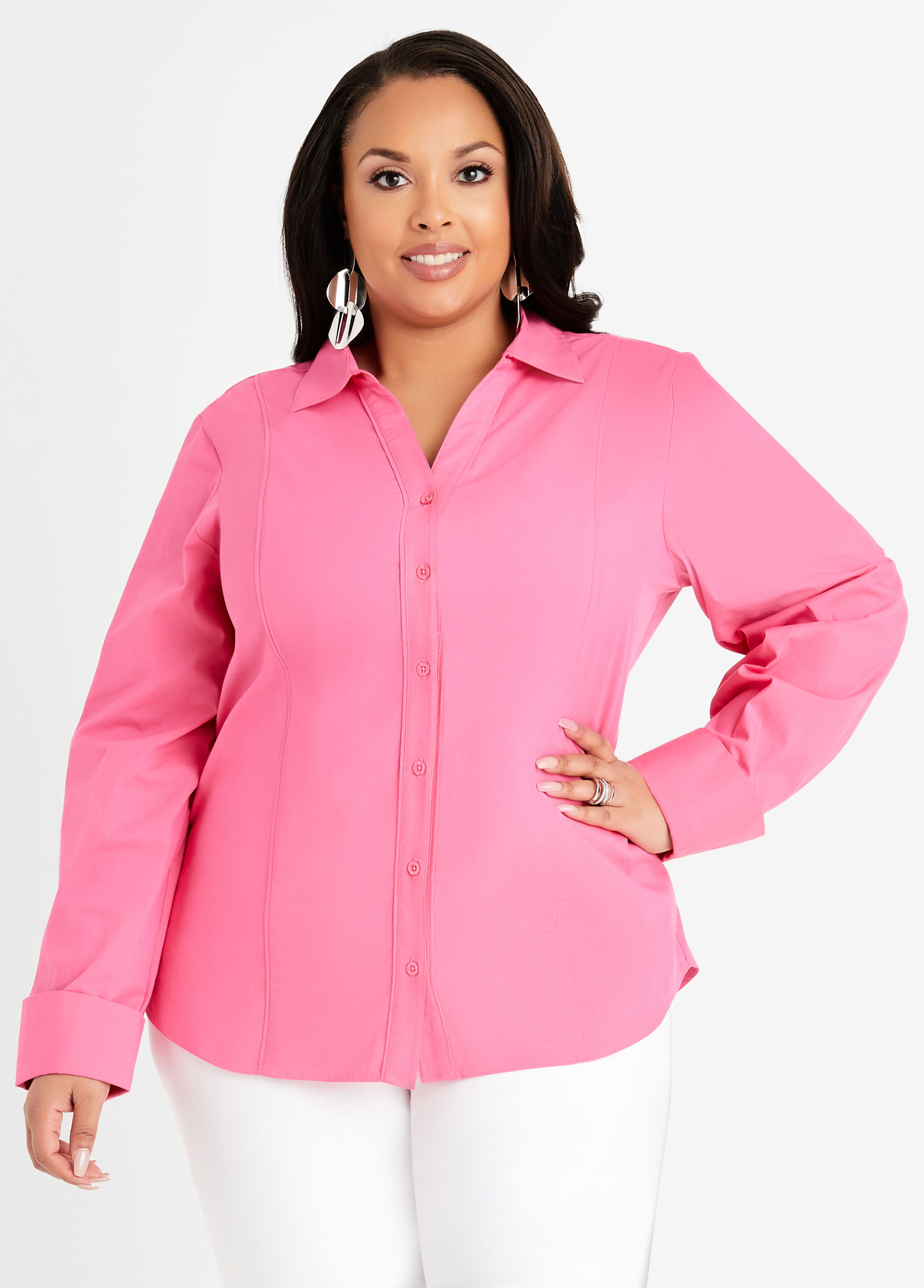 Plus Size Pink Button Up Top Plus Size Womens Cotton Work Shirt