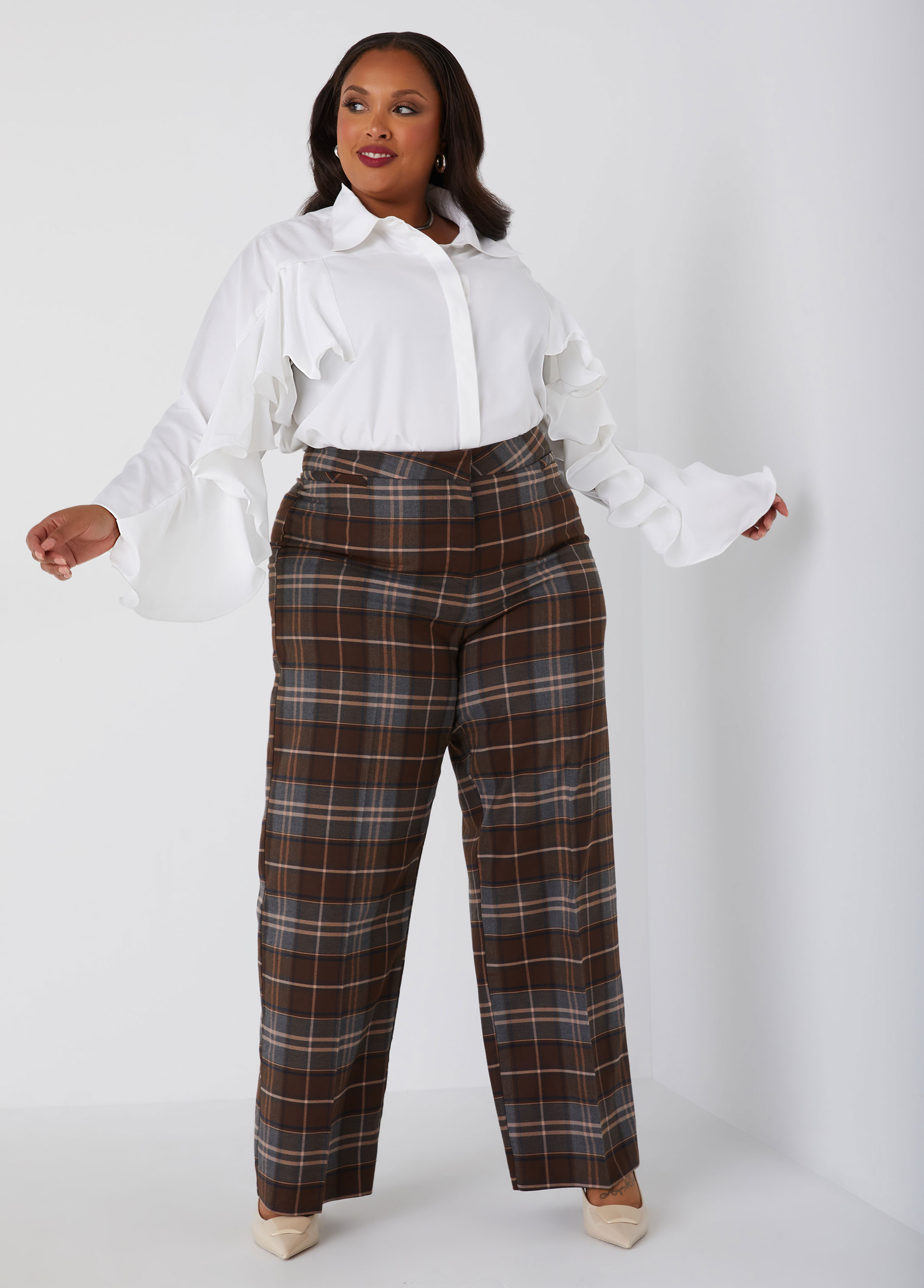 Plus Size High Waist Plaid Wide Leg Pants, MULTI, 32 - Ashley Stewart