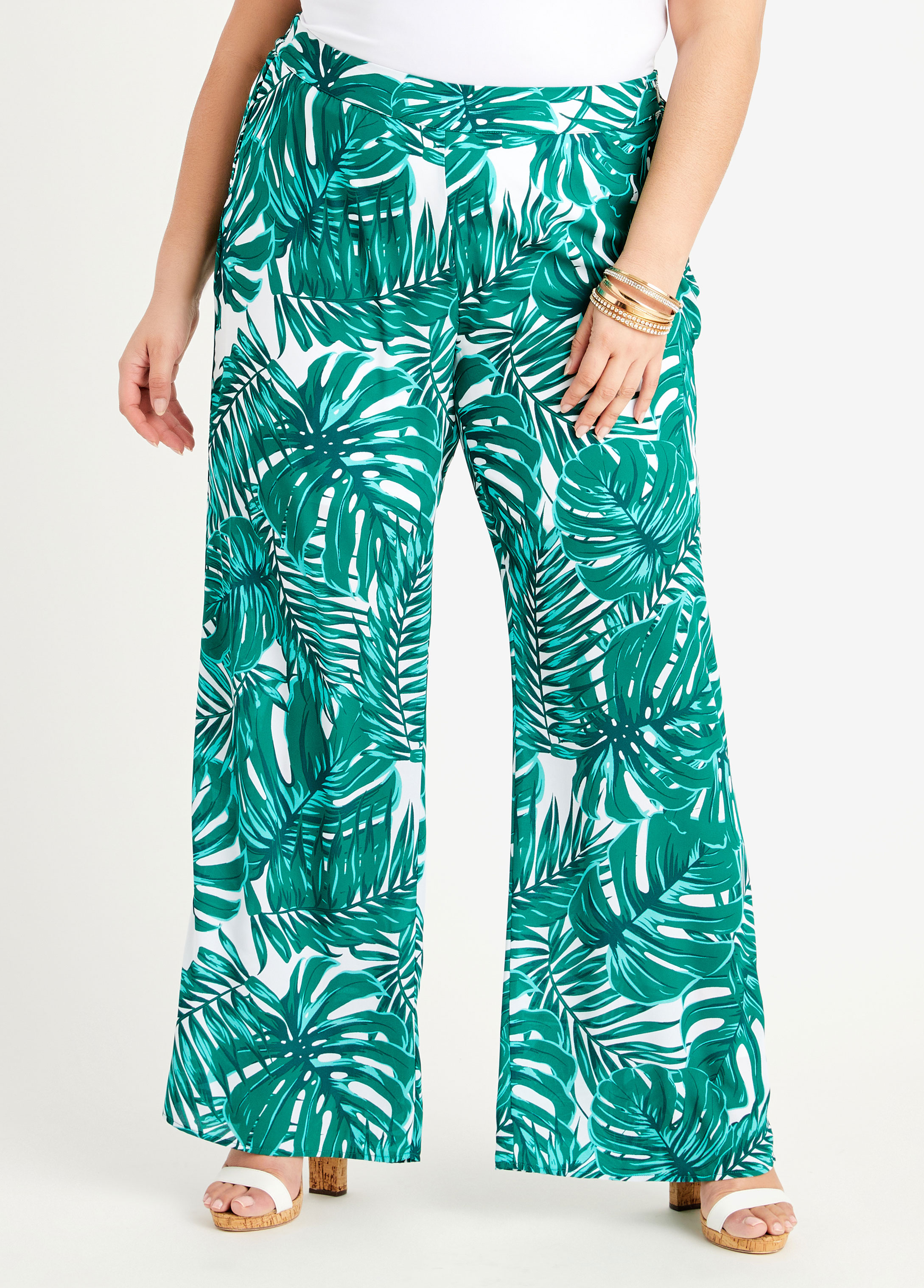 Plus Palm Print Wide Leg Pants