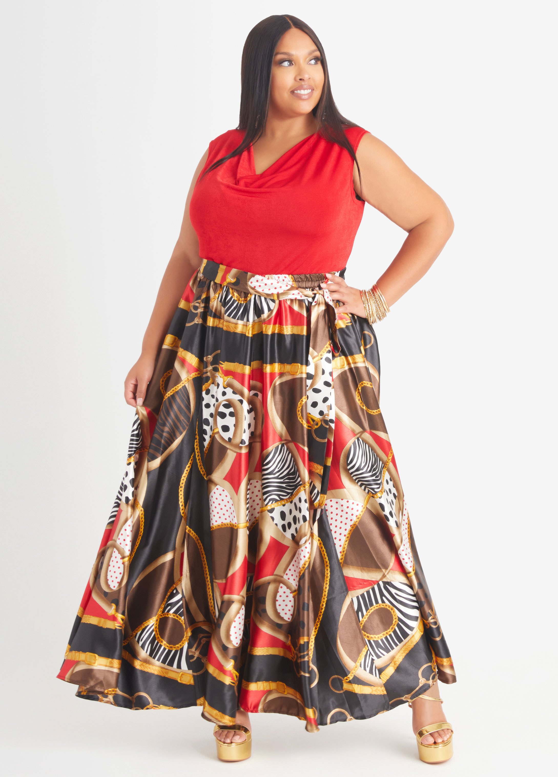 Plus Size Maxi Skirt Satin Printed Skirts Plus Size Bottoms