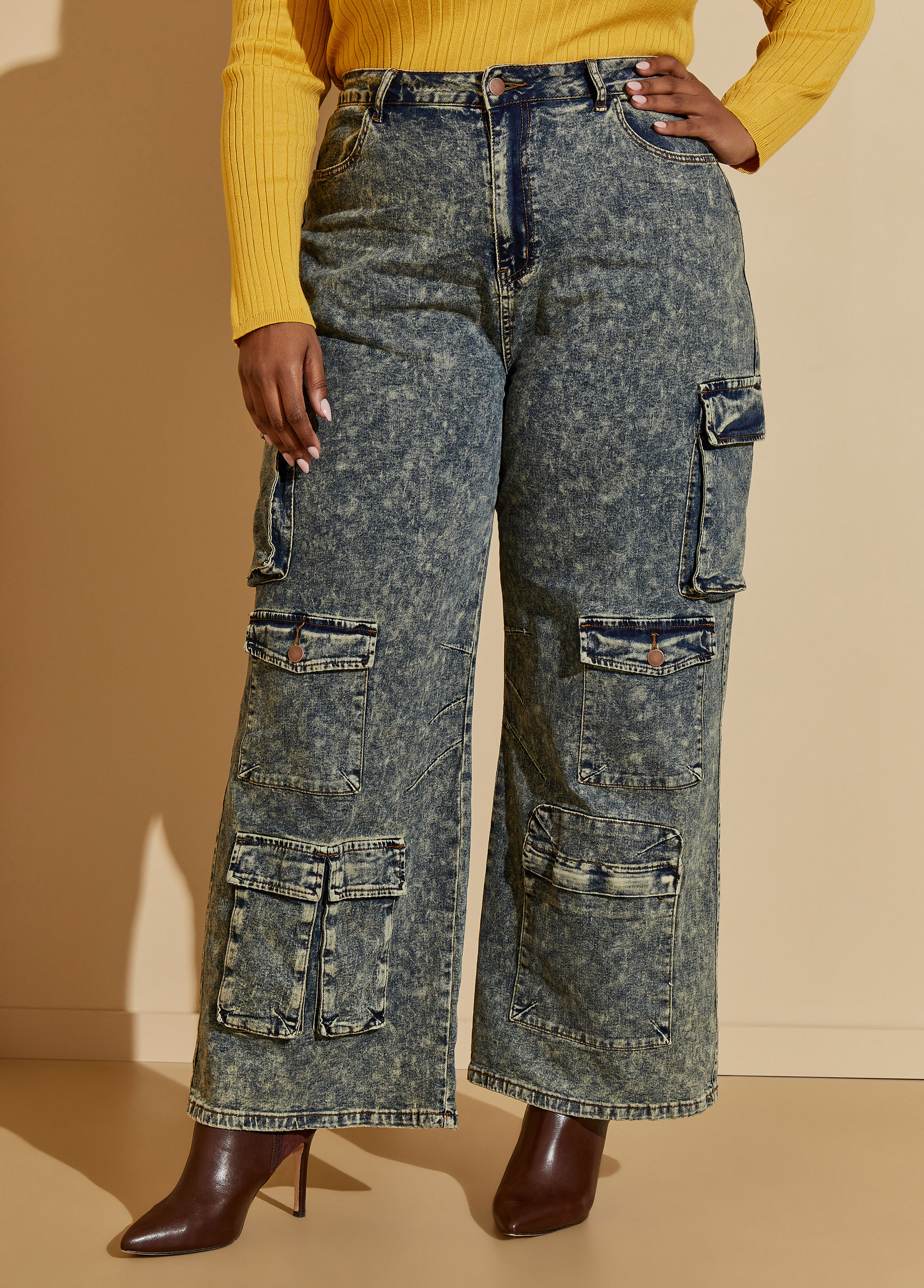 Plus Size Trendy Acid Wash Jeans High Rise Denim Cargo Jeans