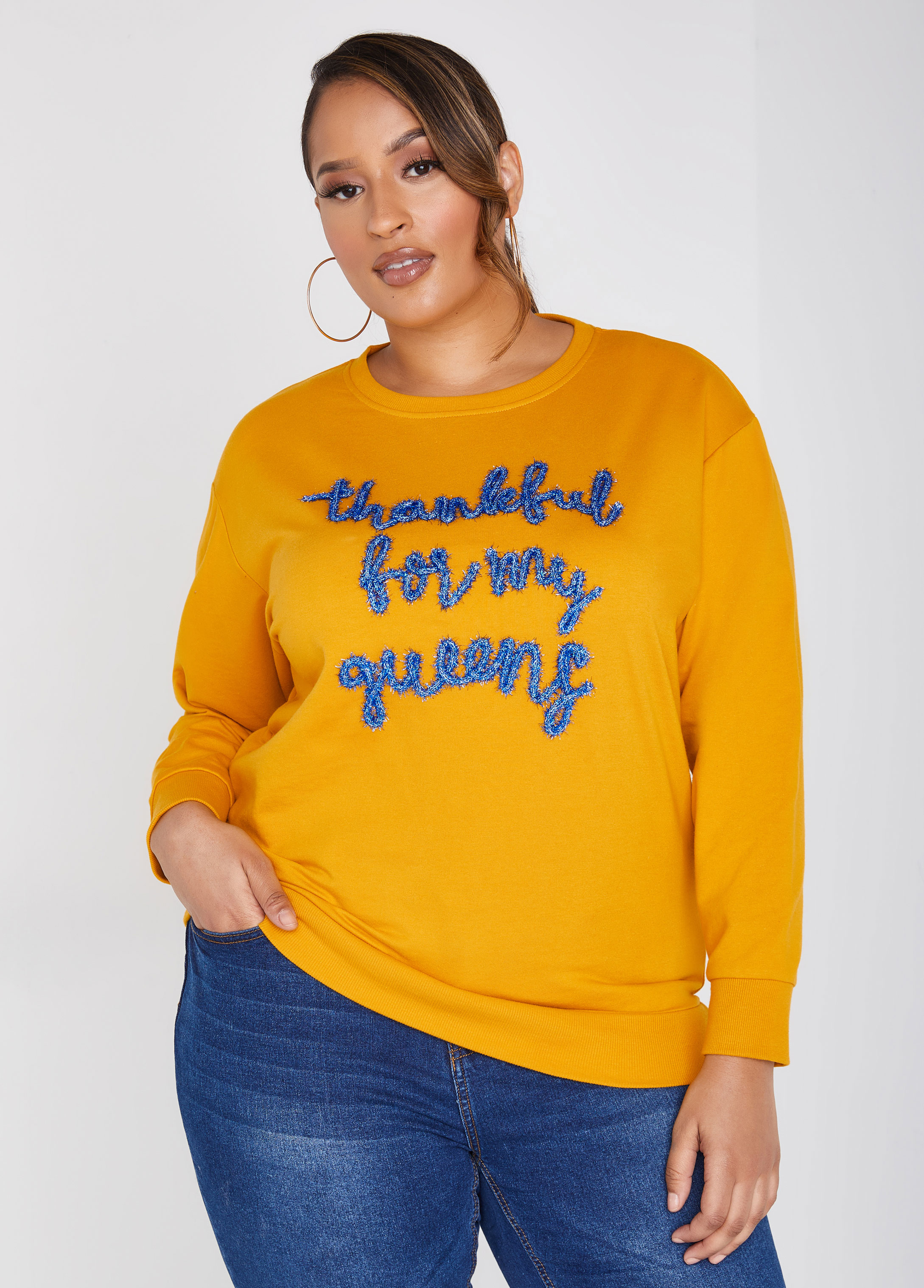 Plus Size Thankful For My Queens Sweatshirt, YELLOW, 34/36 - Ashley Stewart