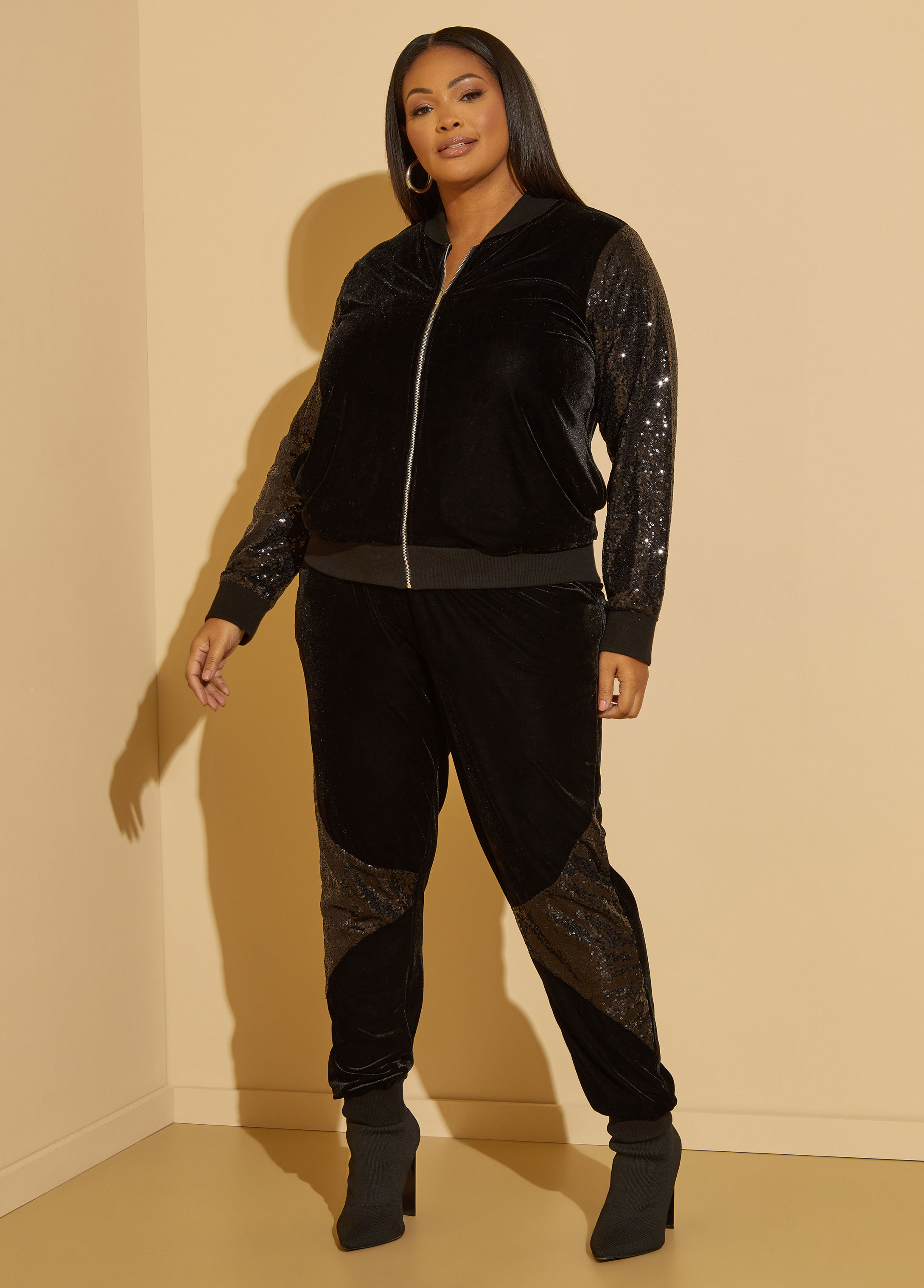 Plus Size Sequined Paneled Velour Jacket, BLACK, 10/12 - Ashley Stewart