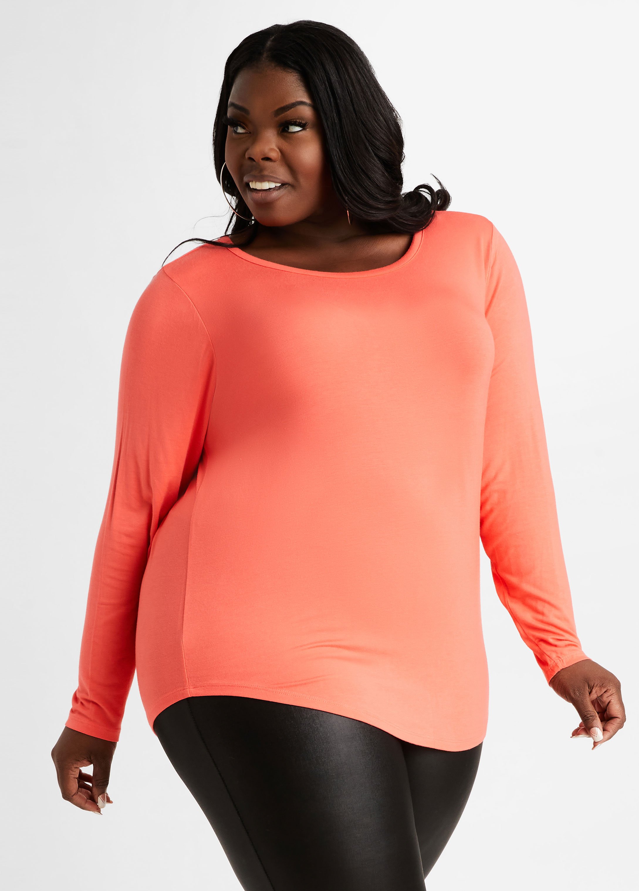 Plus Size Basic Stretch Knit Solid Fitted Scoop Neck Long Sleeve Tee
