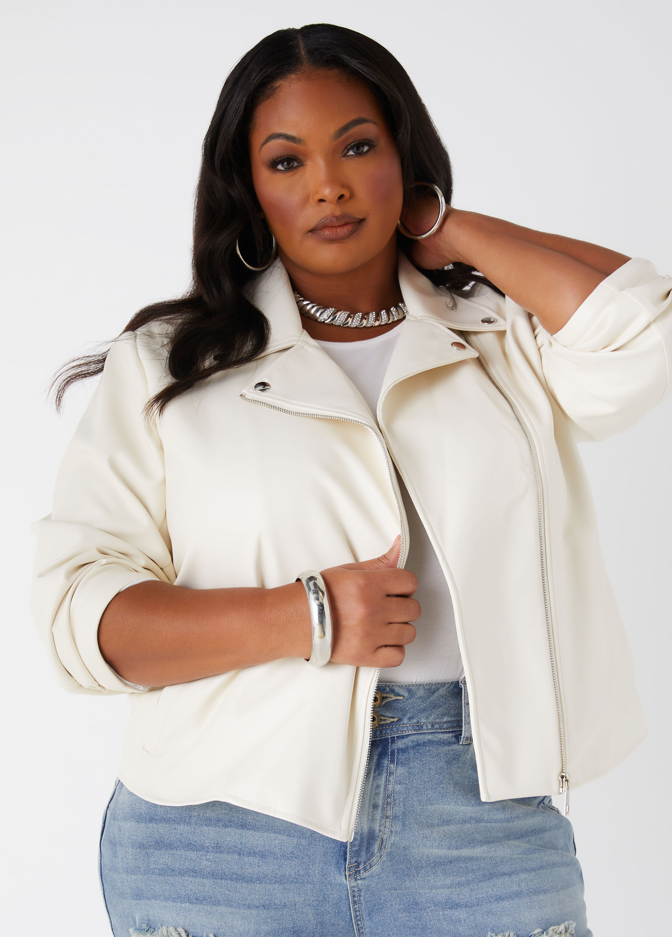 Plus Size Asymmetric Faux Leather Moto Jacket, WHITE, 14 - Ashley Stewart