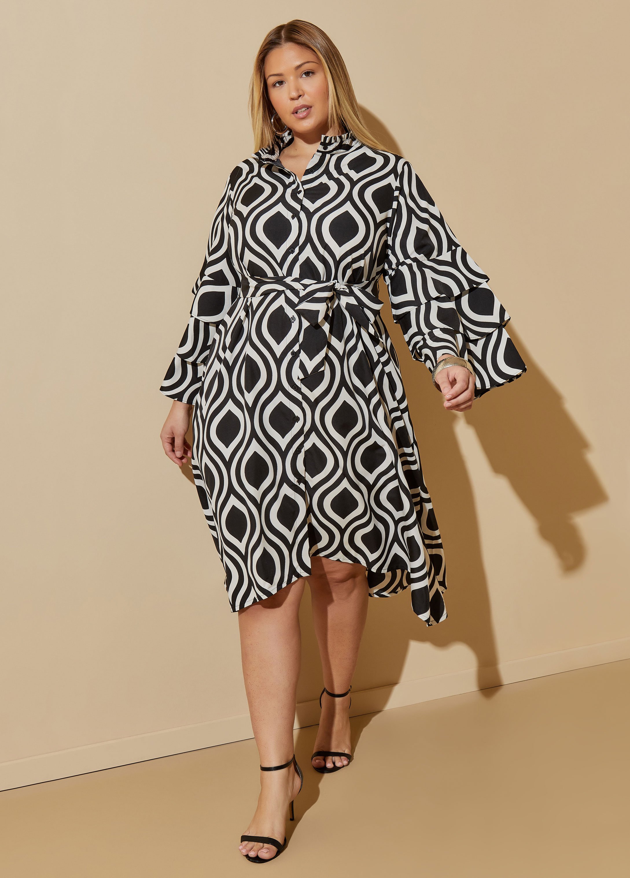 Black Fallen Jewels print midi shirt dress