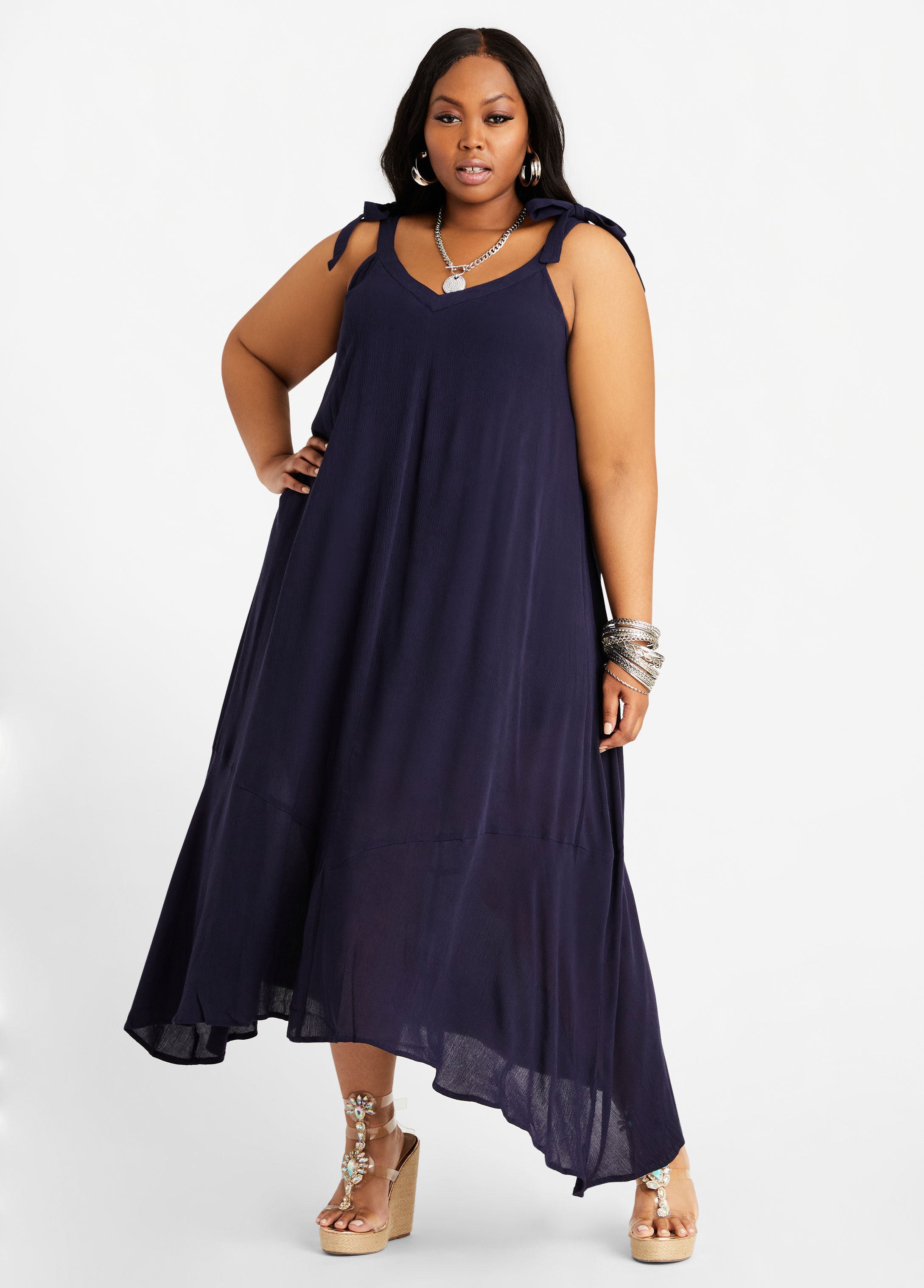 Plus Size Gauze Tie Straps Flowy Summer Vacation Tank Midi Dress