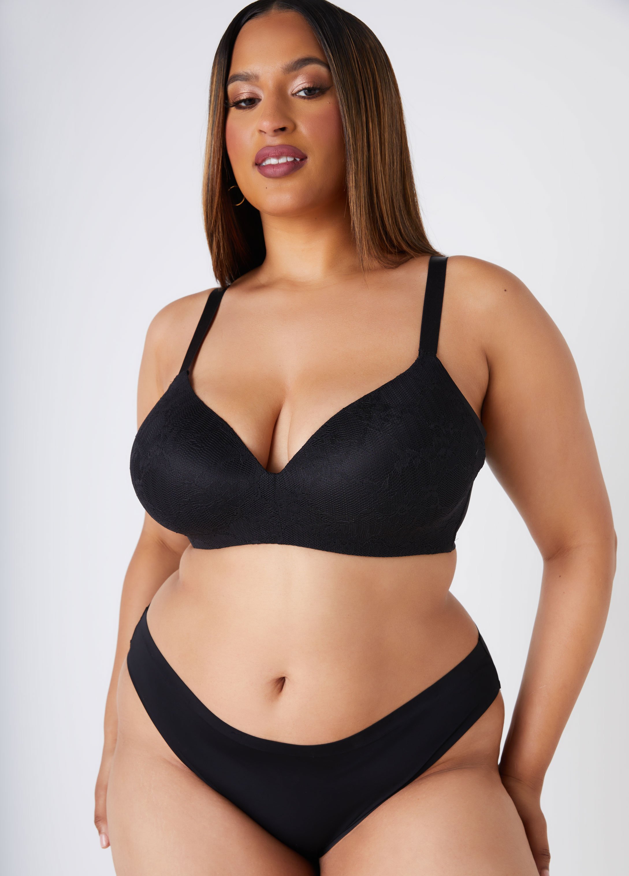 Plus Size Lace Side Smoothing Wireless Bra, BLACK, 38DDD - Ashley Stewart