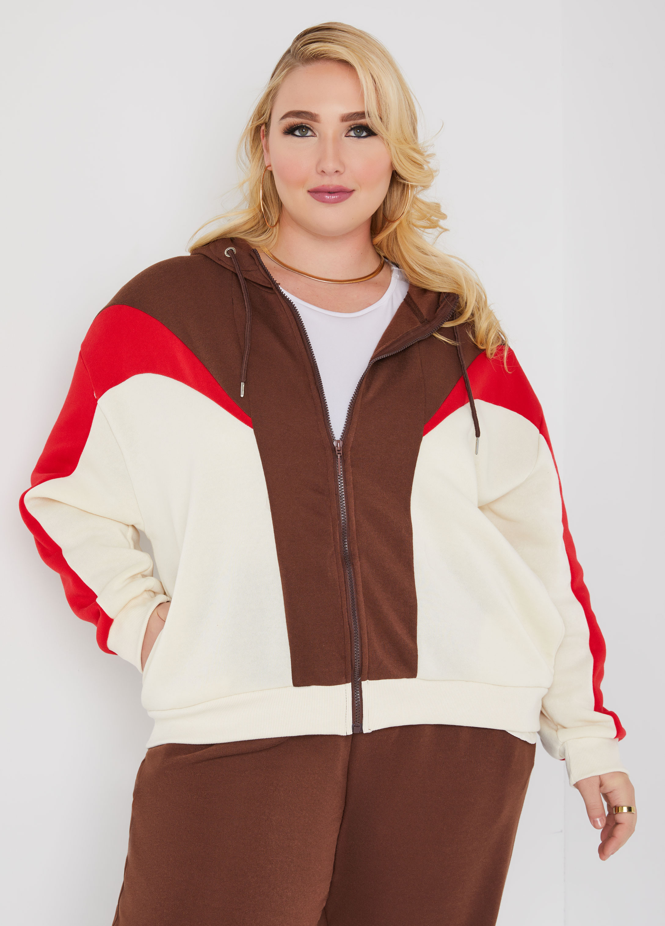 Plus Size Colorblock Fleece Hoodie, BROWN, 1X - Ashley Stewart