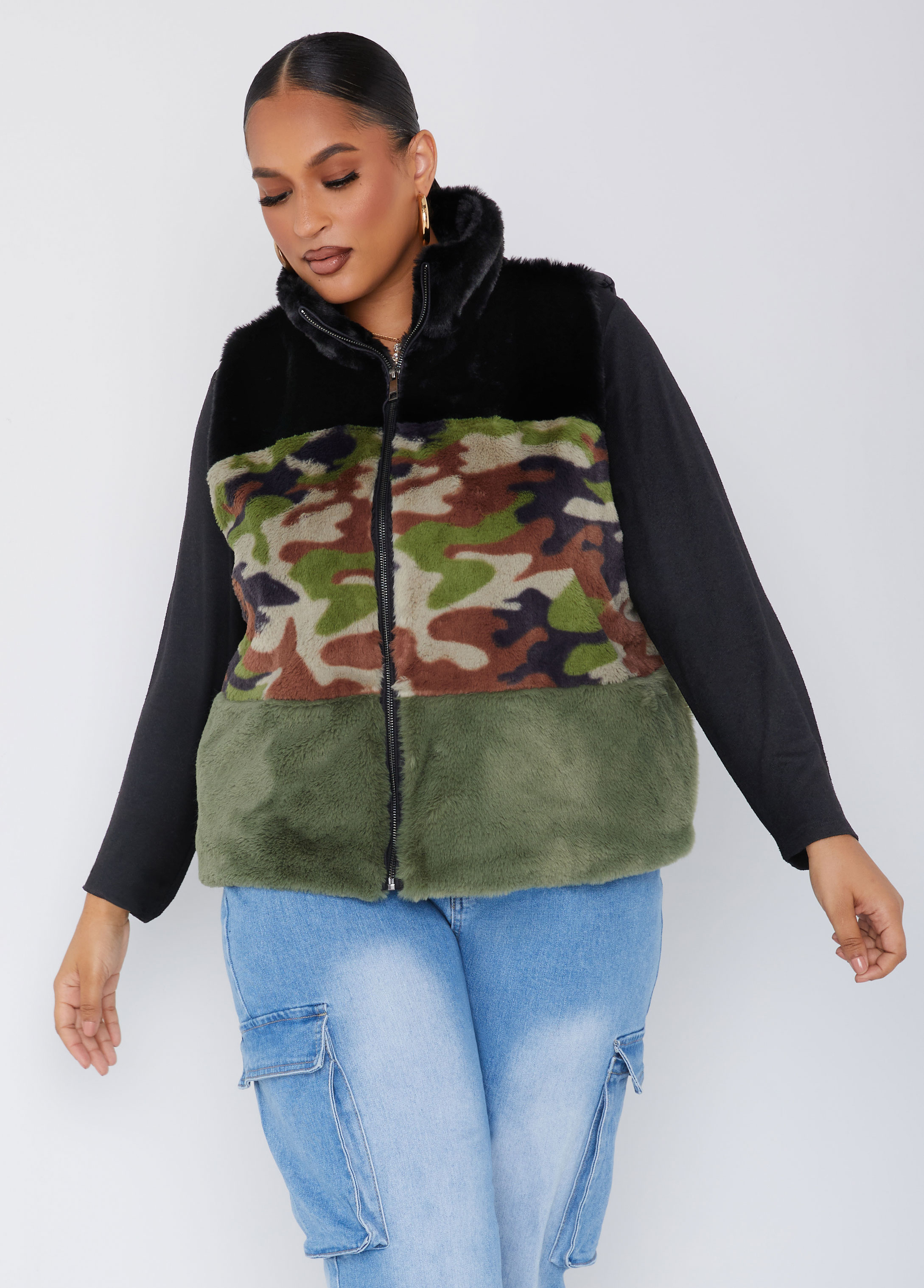 Plus Size Printed Faux Fur And Quilted Vest, GREEN, 18/20 - Ashley Stewart