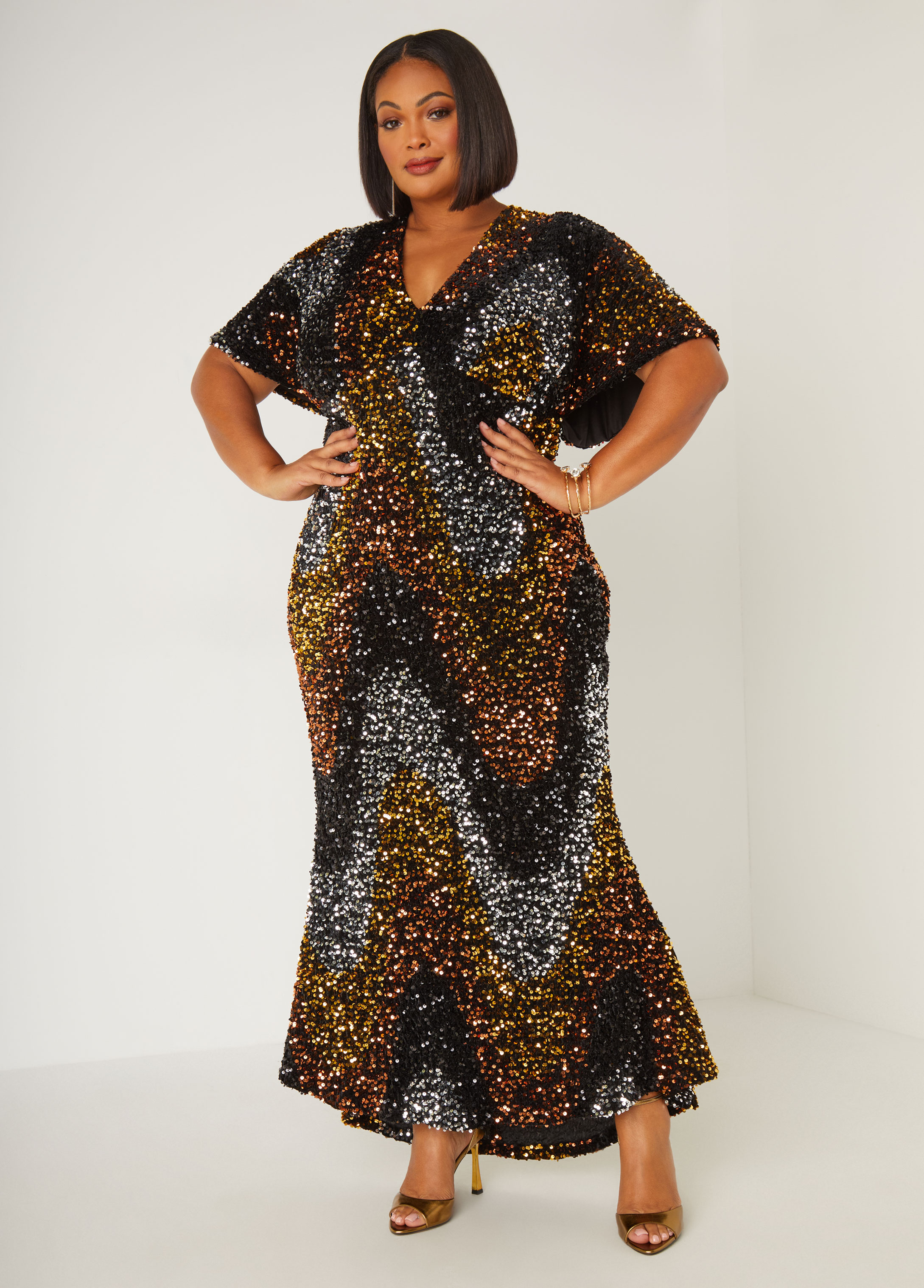 Plus Size Flounced Sequined Velvet Gown, BLACK, 34/36 - Ashley Stewart