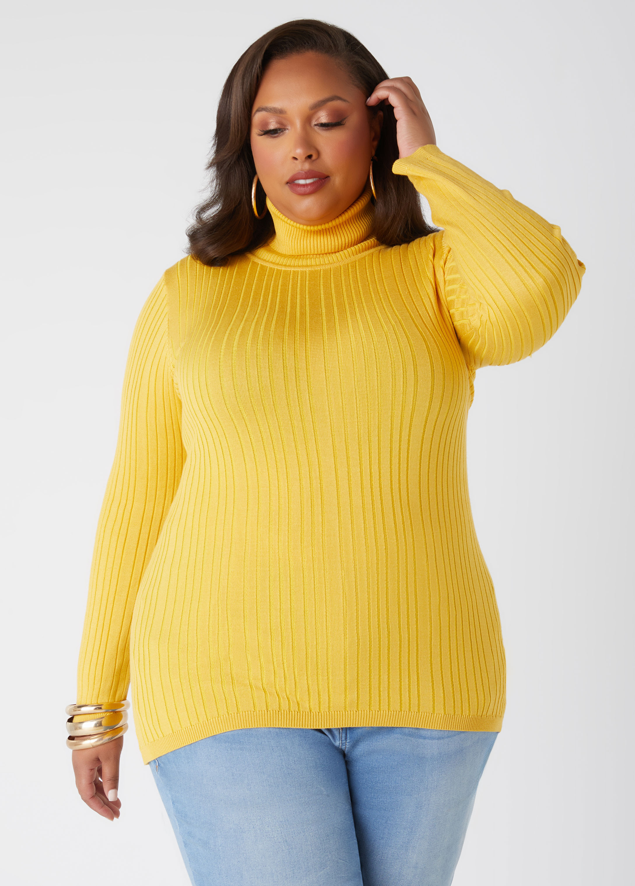 Plus Size Ribbed Turtleneck Sweater, YELLOW, 34/36 - Ashley Stewart