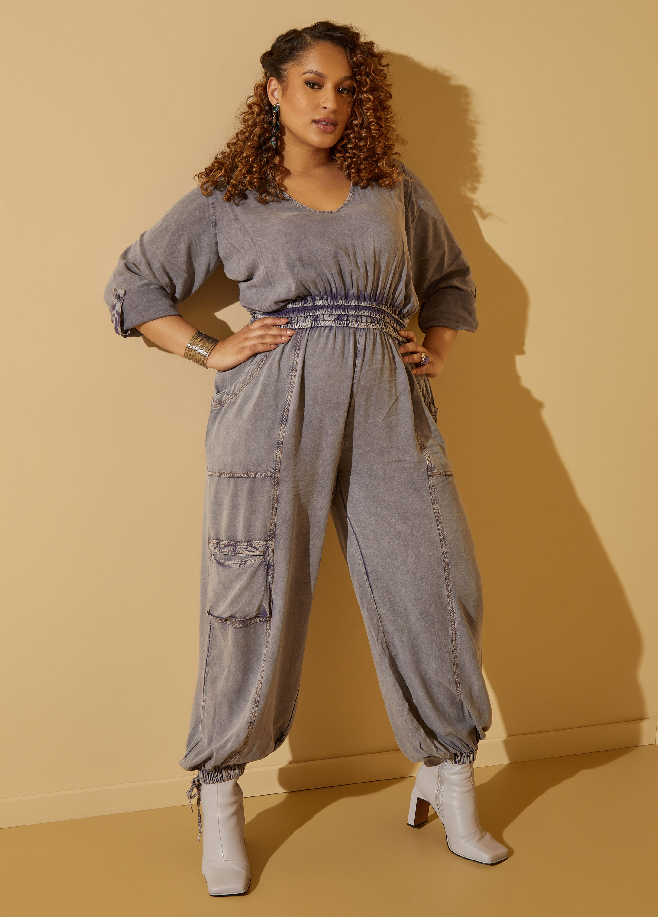 Stone Wash Chambray Cargo Jumpsuit