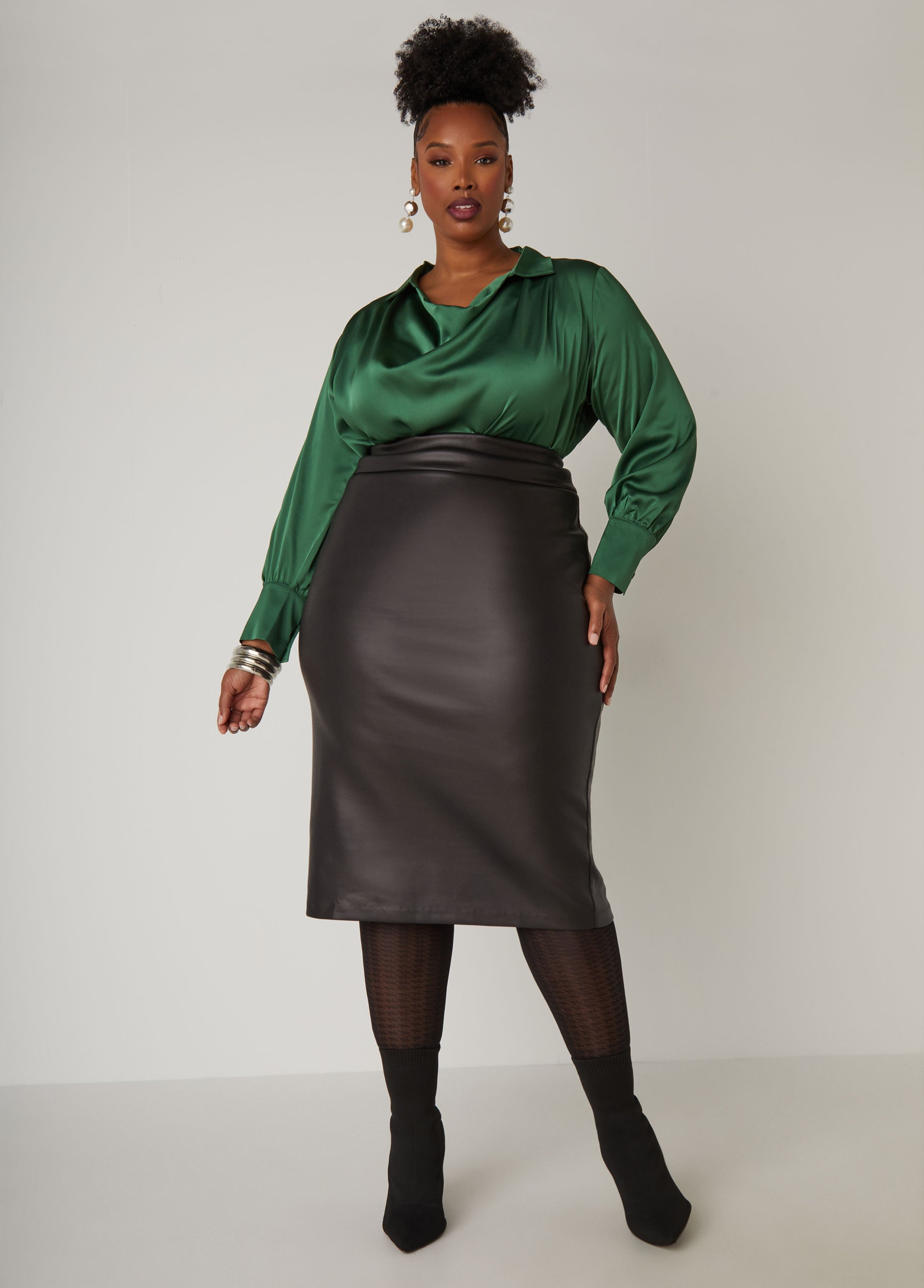 Plus Size Cowl Neck Satin Blouse, GREEN, 34/36 - Ashley Stewart