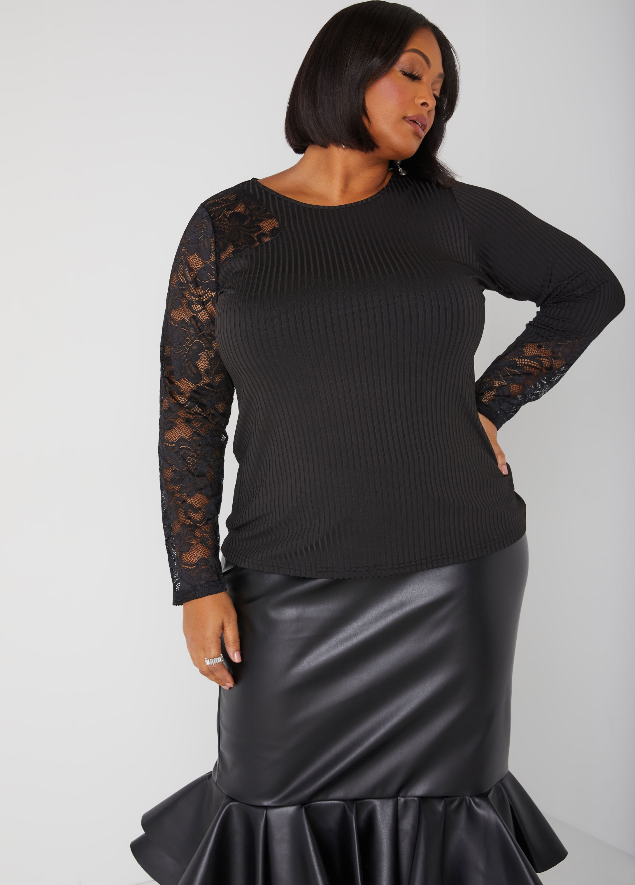 Plus Size Lace Paneled Ribbed Knit Top, BLACK, 26/28 - Ashley Stewart