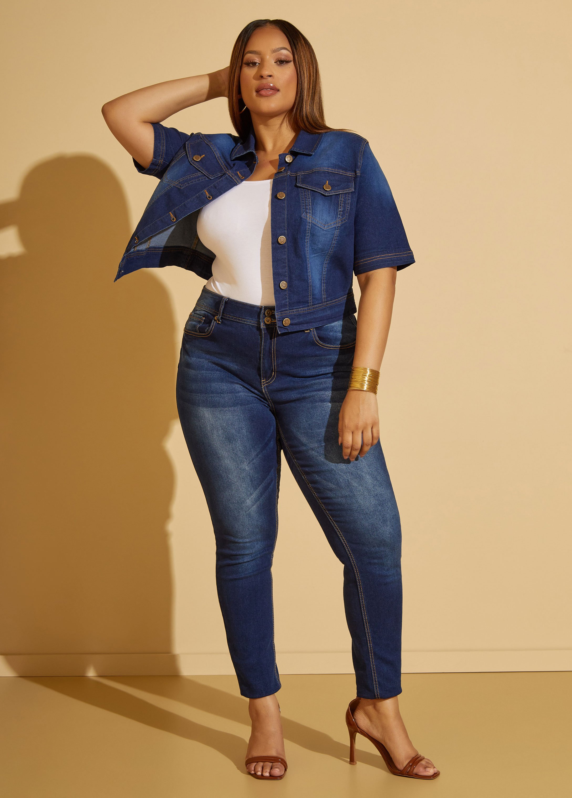 Yellow shops denim jacket plus size