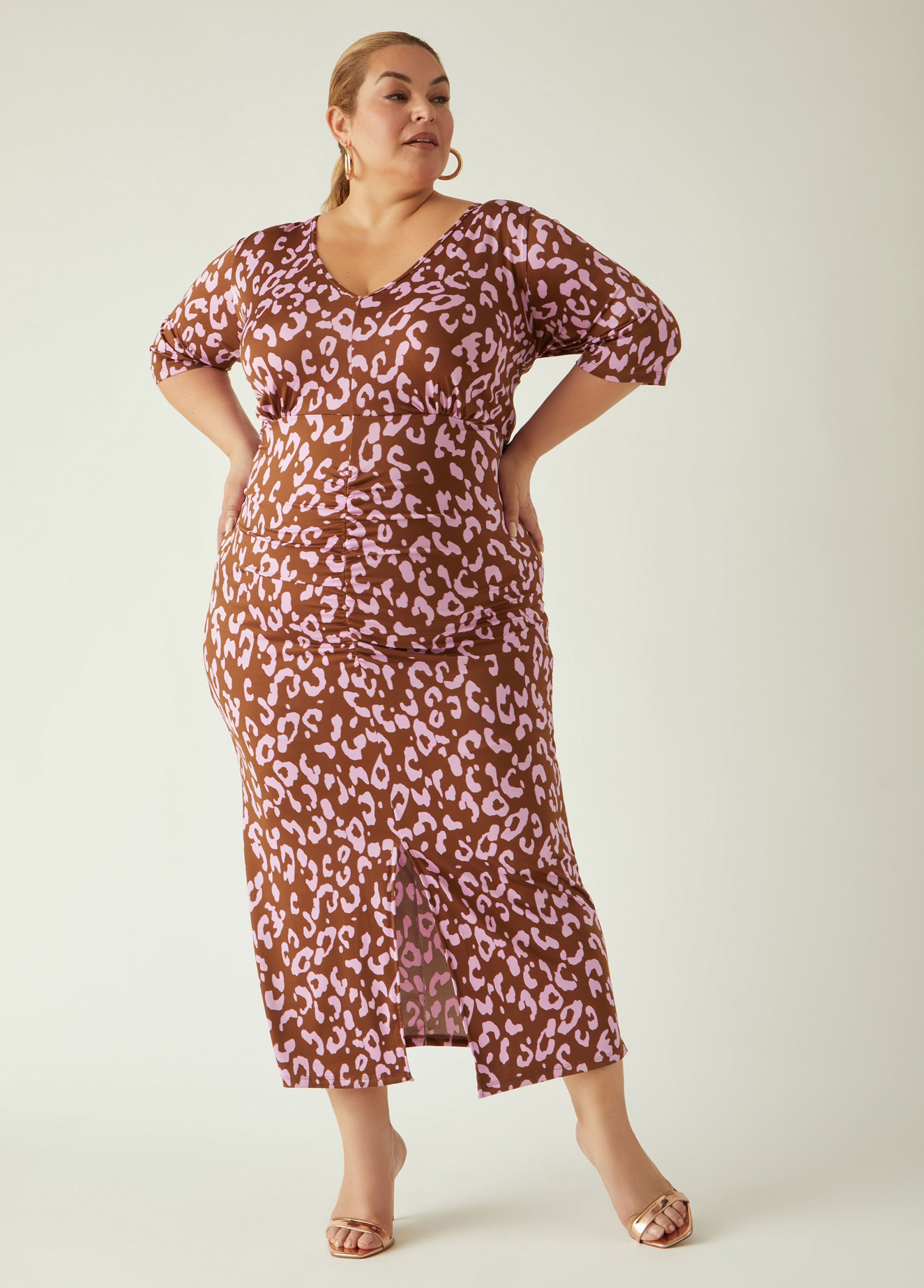 Plus Size Ruched Leopard Bodycon Dress, BROWN, 12 - Ashley Stewart