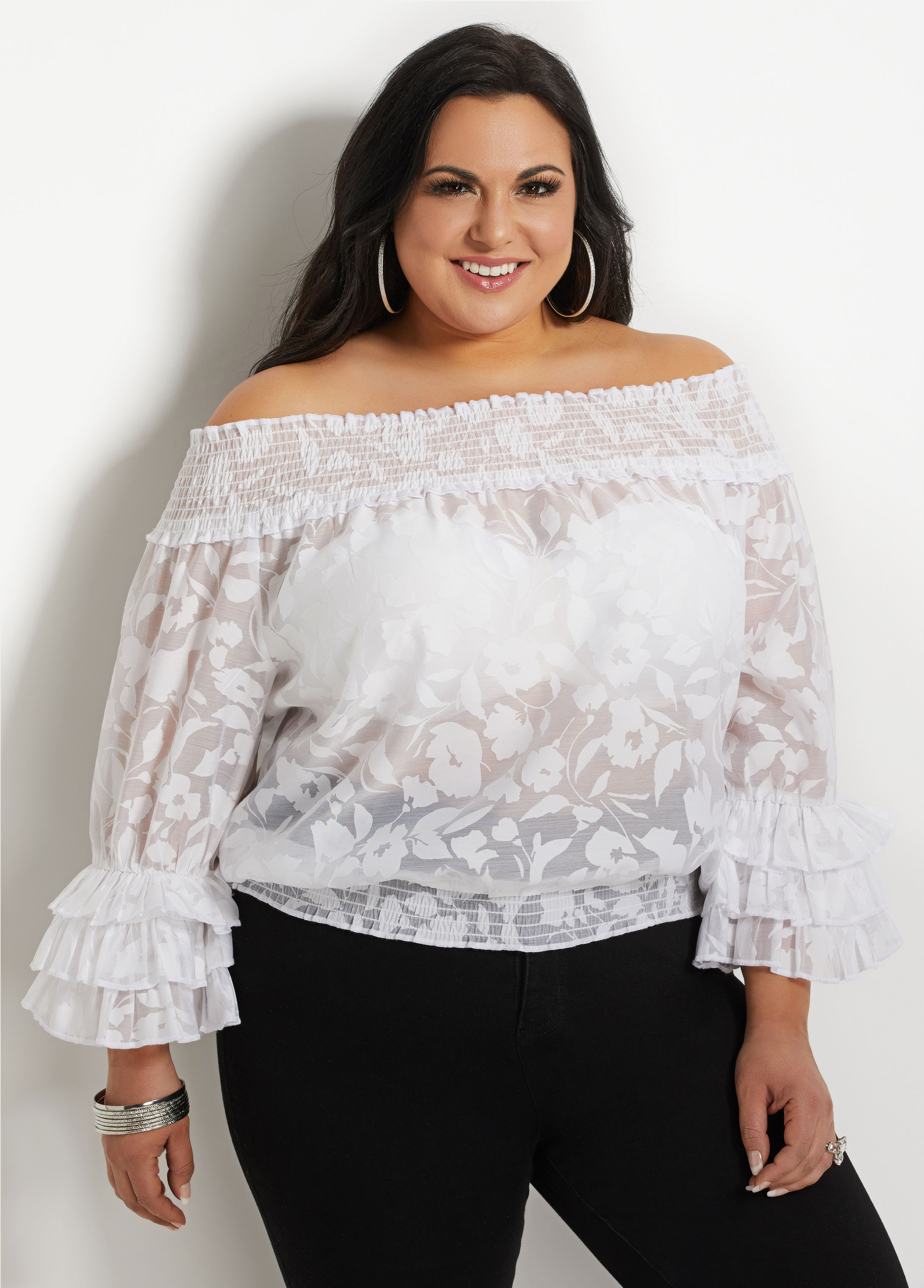 Plus Size Floral Burnout Off The Shoulder Drama Summer Party Tops