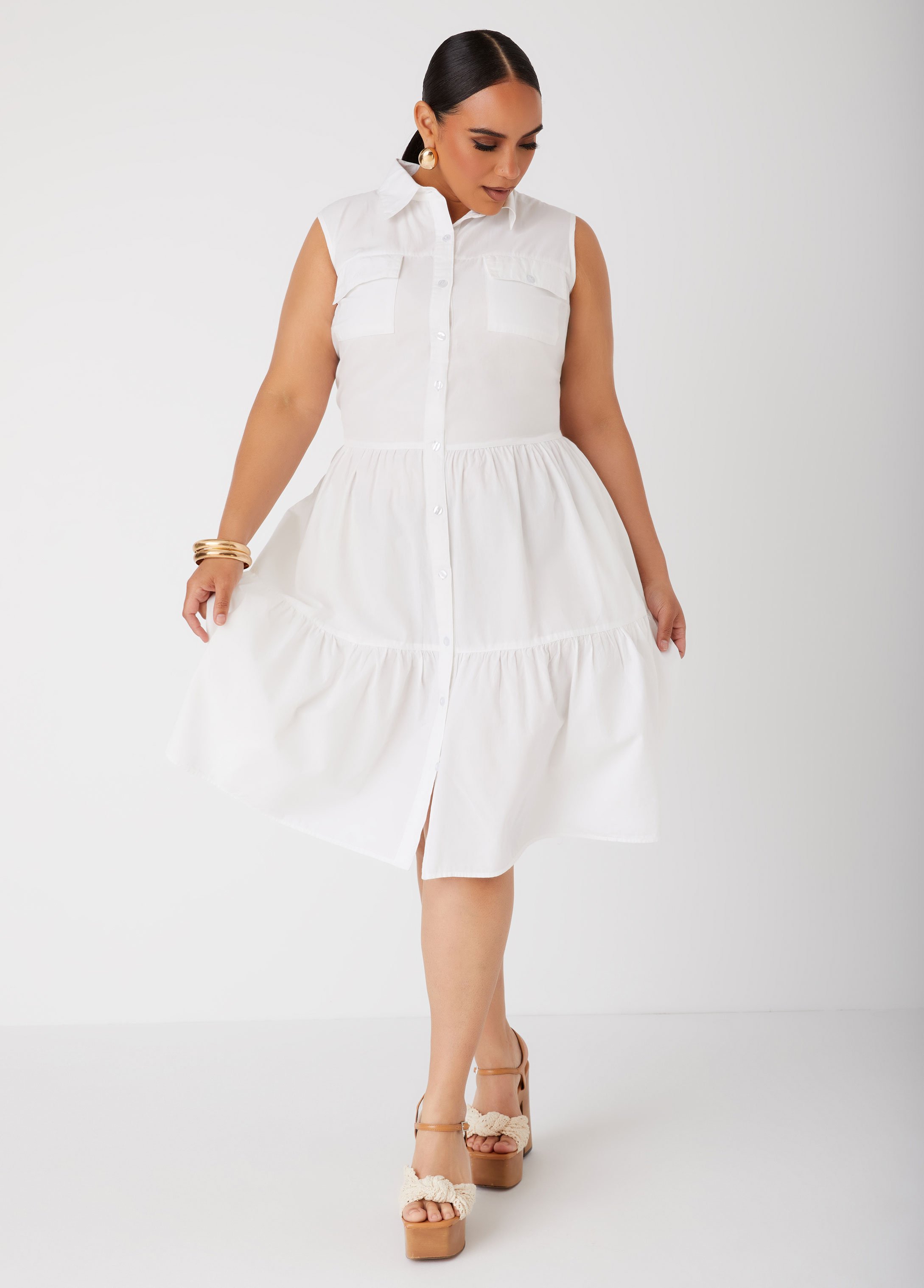 Plus Size Flounced Cotton Shirtdress, WHITE, 12 - Ashley Stewart